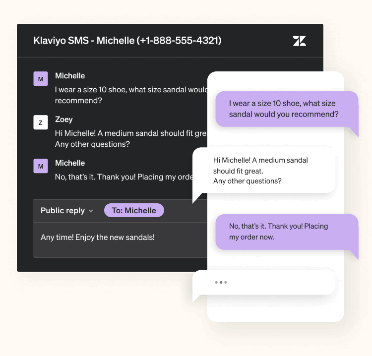 Customer chatting with a Help desk agent through SMS. The chat conversation syncs directly with the help desk solution. 