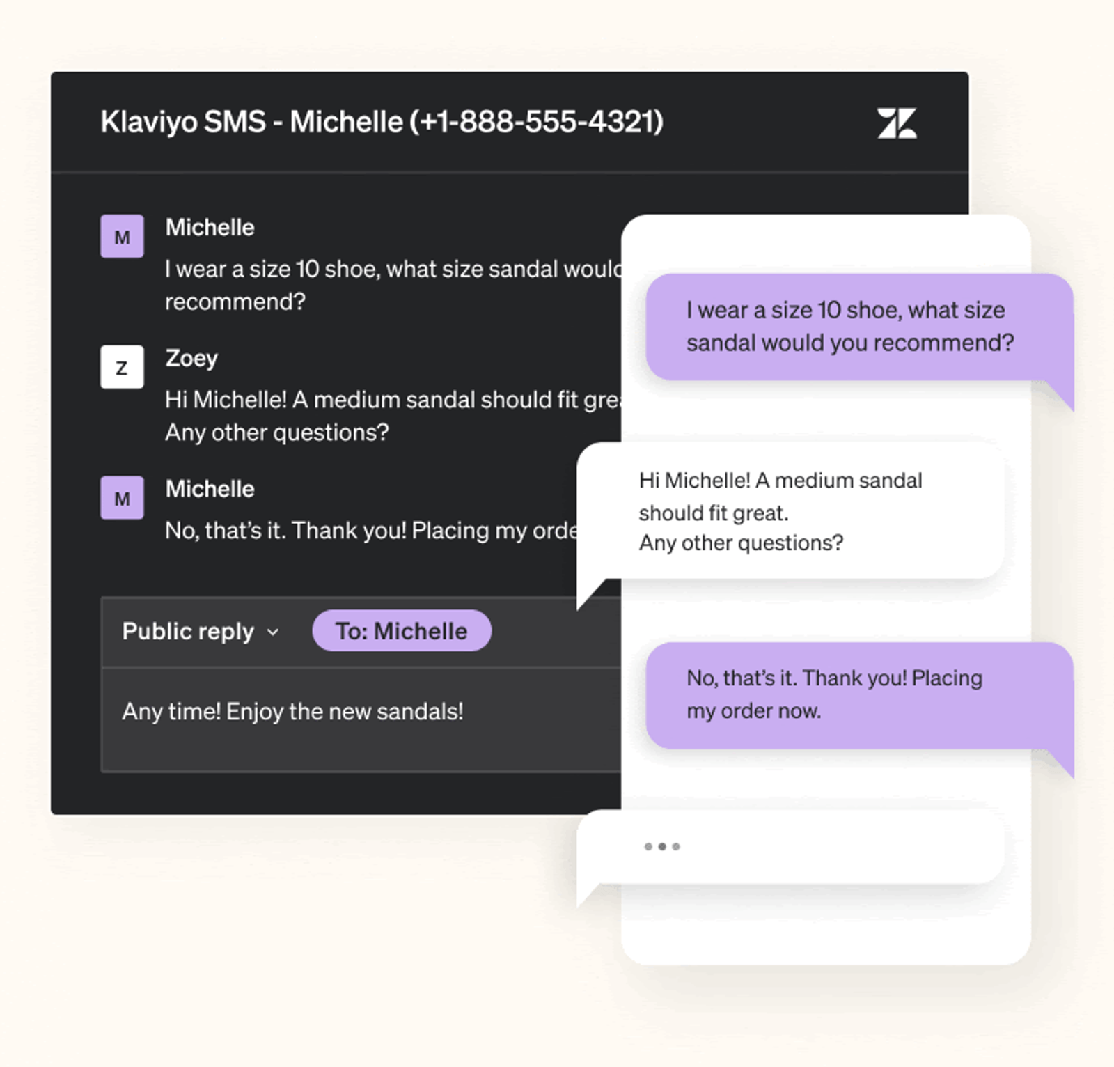 Customer chatting with a Help desk agent through SMS. The chat conversation syncs directly with the help desk solution. 