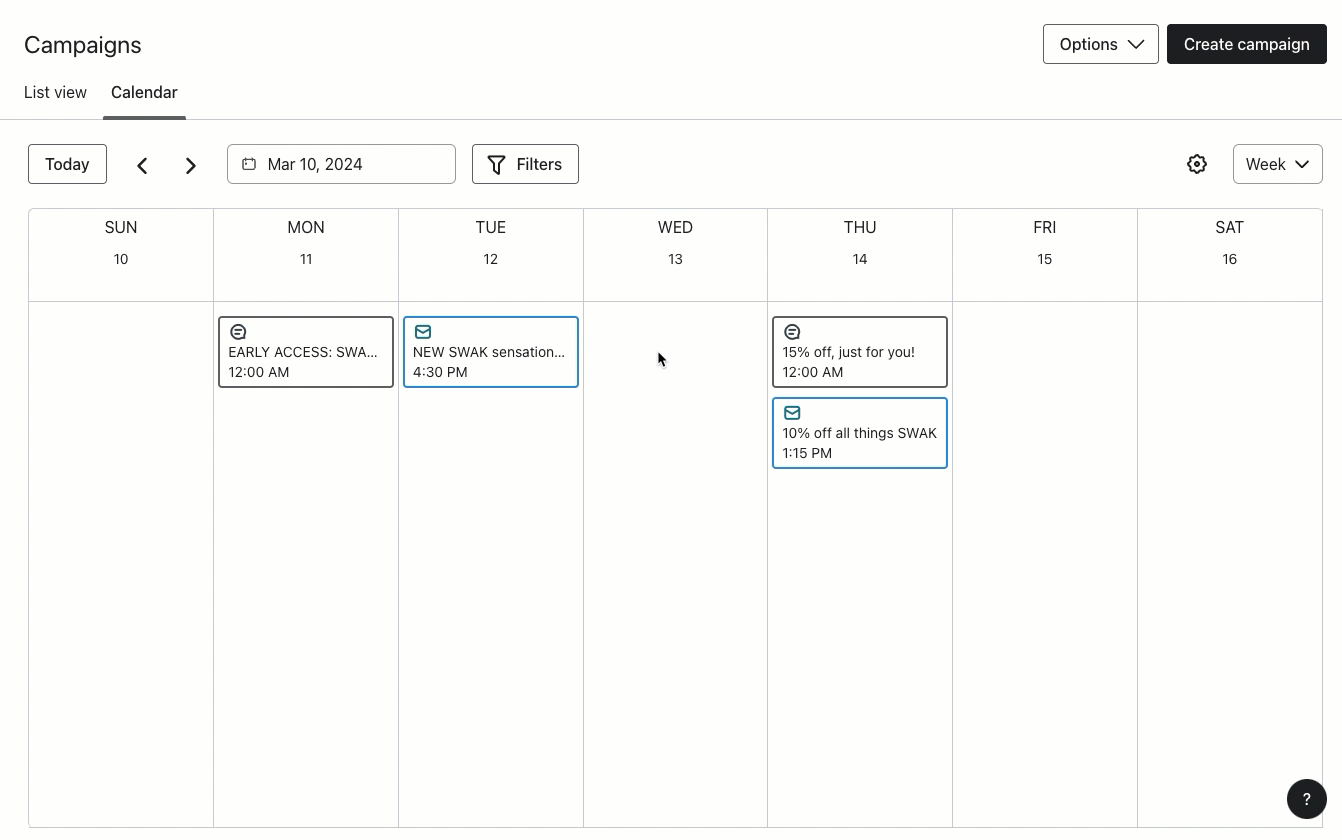 GIF showing how to filter content calendar by existing tags; in this case, only showing campaigns with the tag "sensitive skin".