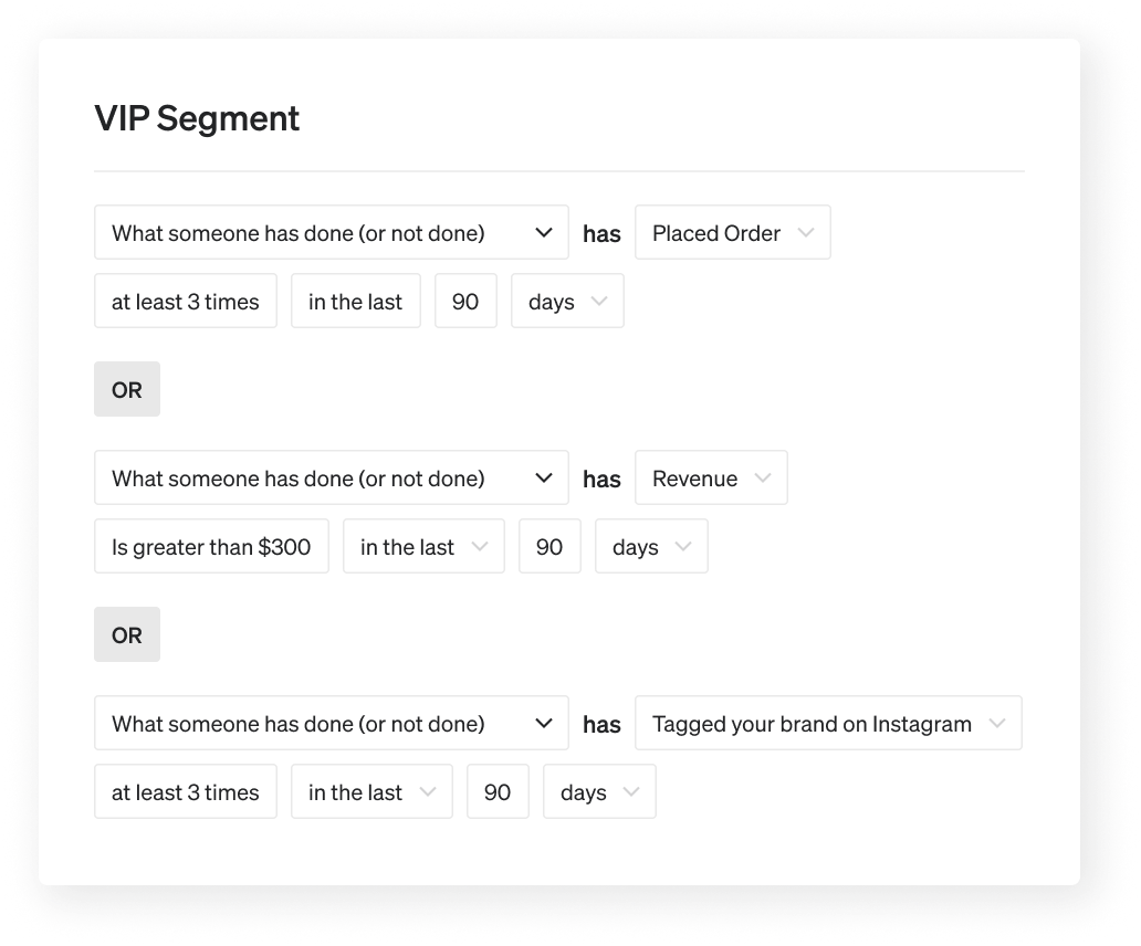 UI for defining a VIP customer segment by orders, revenue, or Instagram tags.