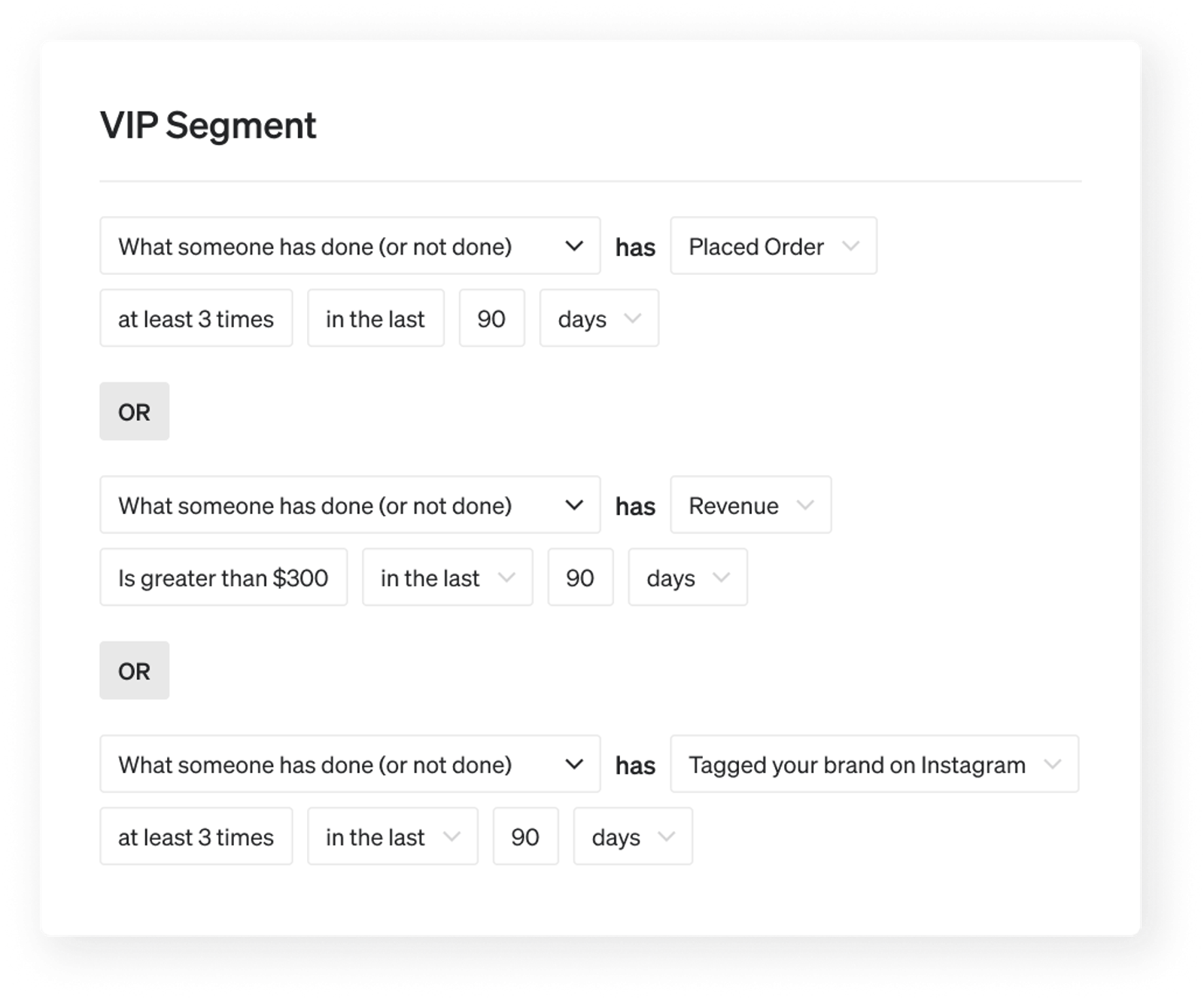 UI for defining a VIP customer segment by orders, revenue, or Instagram tags.