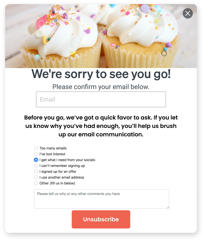 Unsubscribe page including an option to select unsubscribe reason
