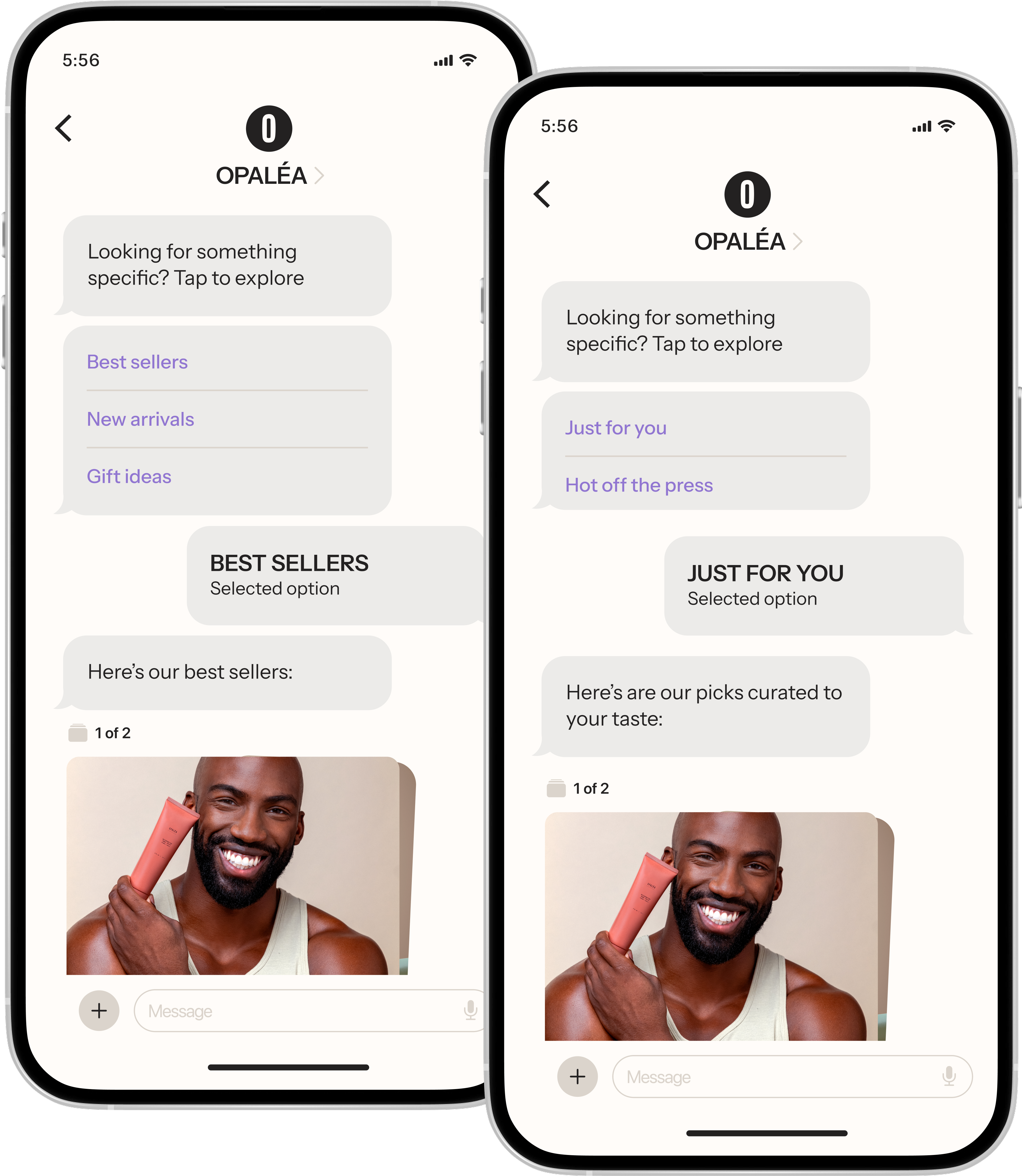 Two smartphones display RCS messages from Opaléa, CS mssheowing "Best Sellers" and "Just For You" product recommendations, each featuring a smiling man holding a pink tube.