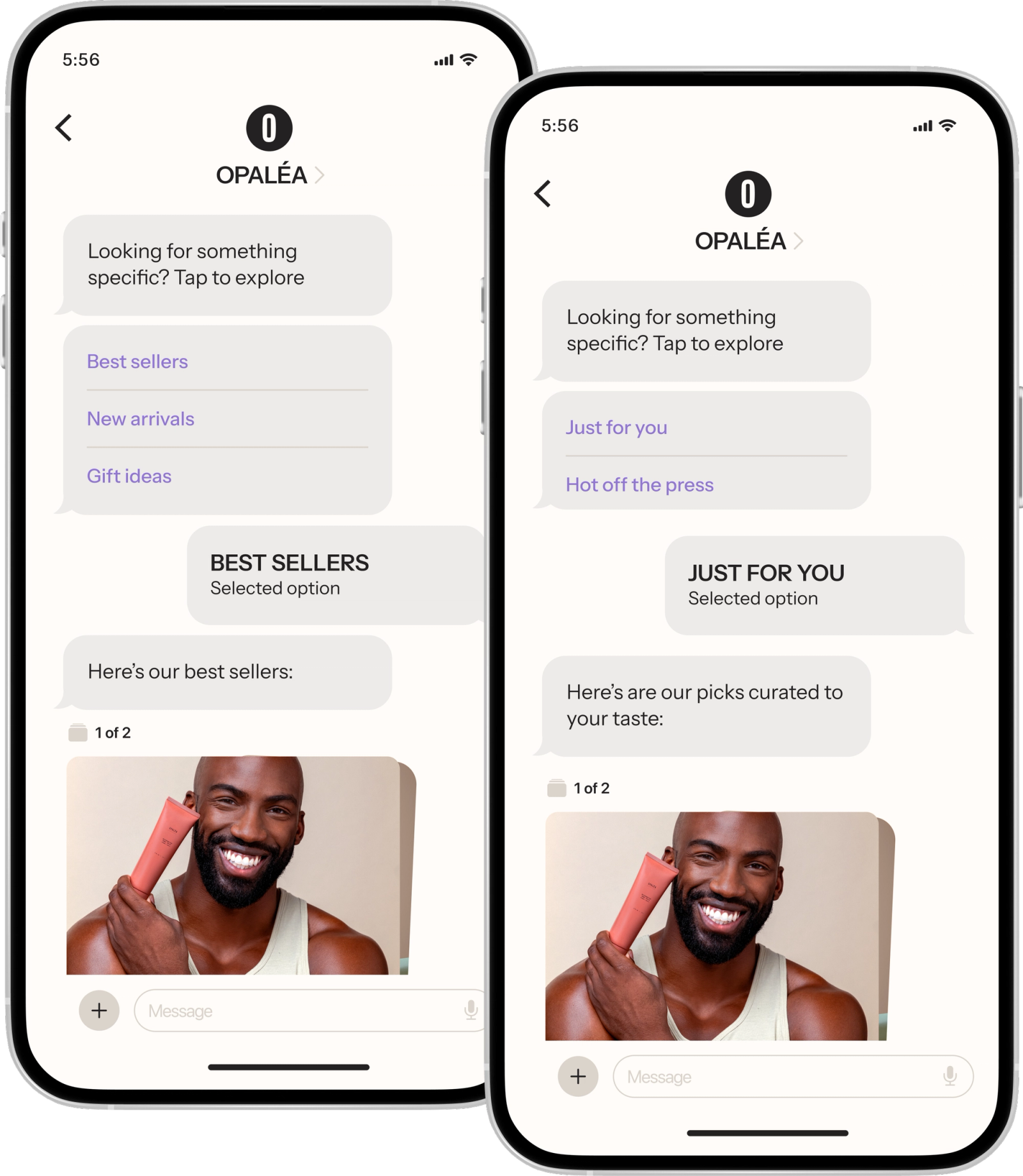 Two smartphones display RCS messages from Opaléa, CS mssheowing "Best Sellers" and "Just For You" product recommendations, each featuring a smiling man holding a pink tube.