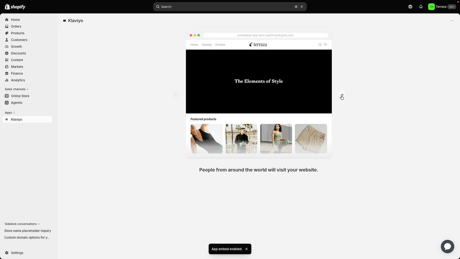 Shopify admin showing the Klaviyo app page with an embedded website preview displaying "The Elements of Style" and featured products.