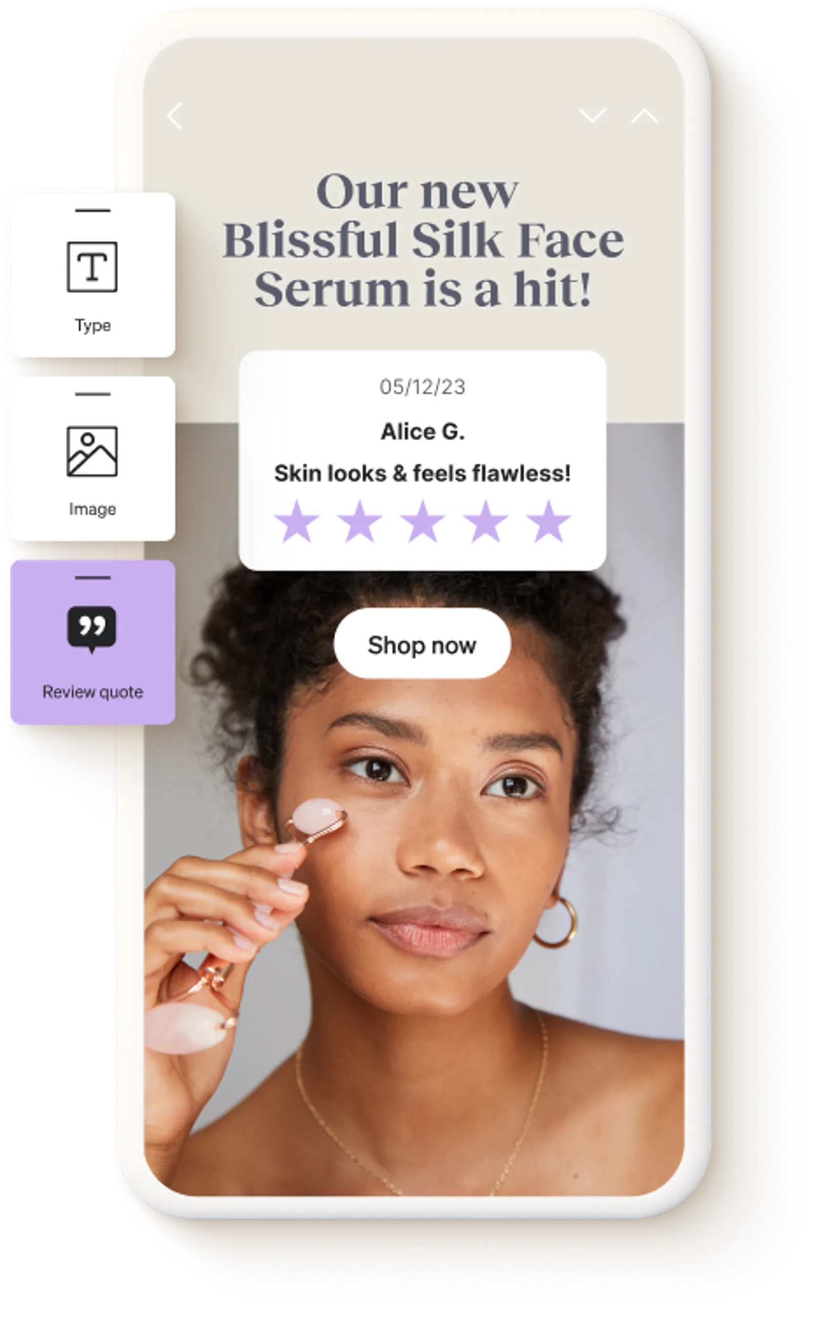 Graphic of a positive review quote used in a skincare brand's email campaign.