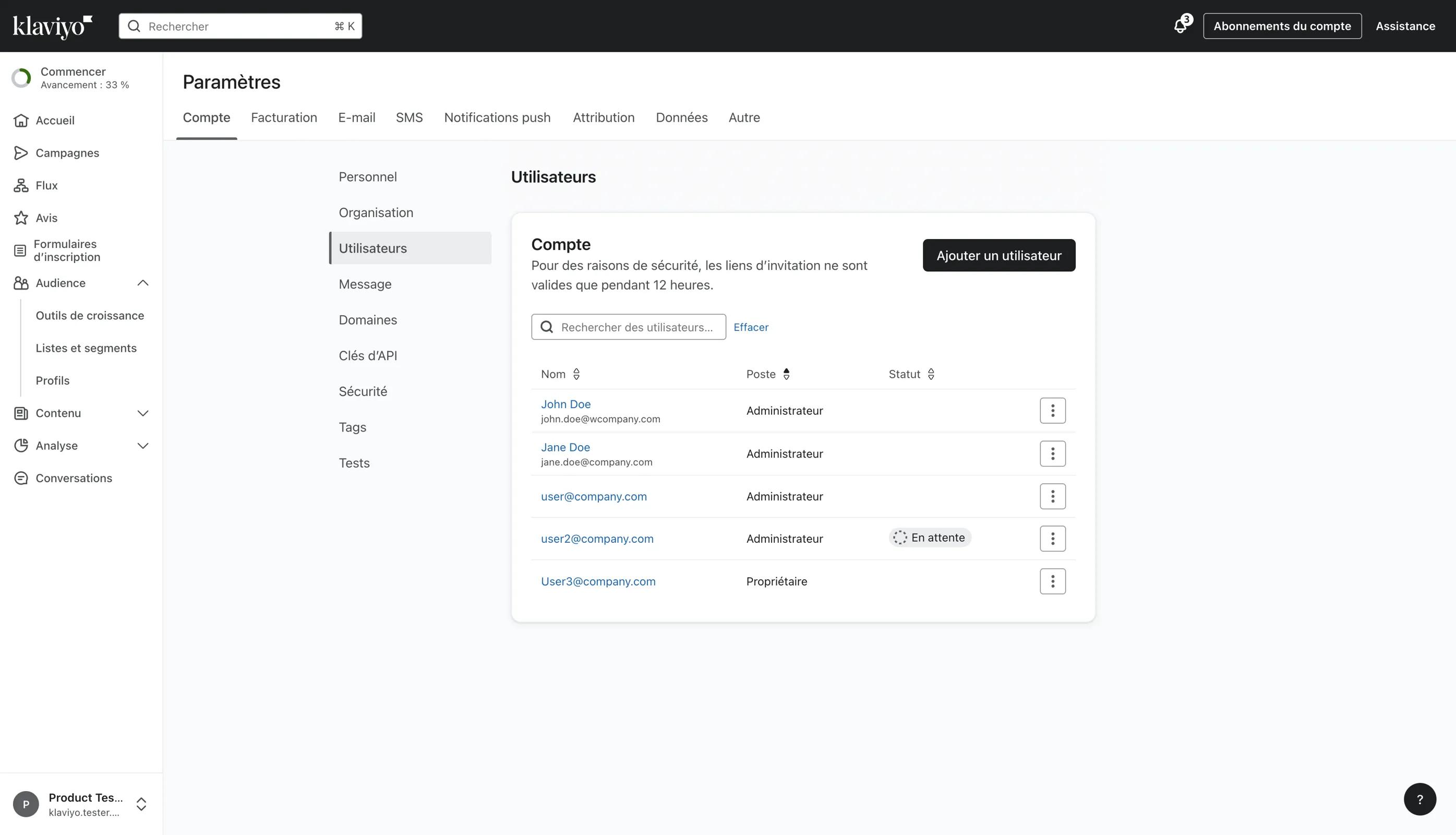 Liste des utilisateurs actuels dans un compte Klaviyo