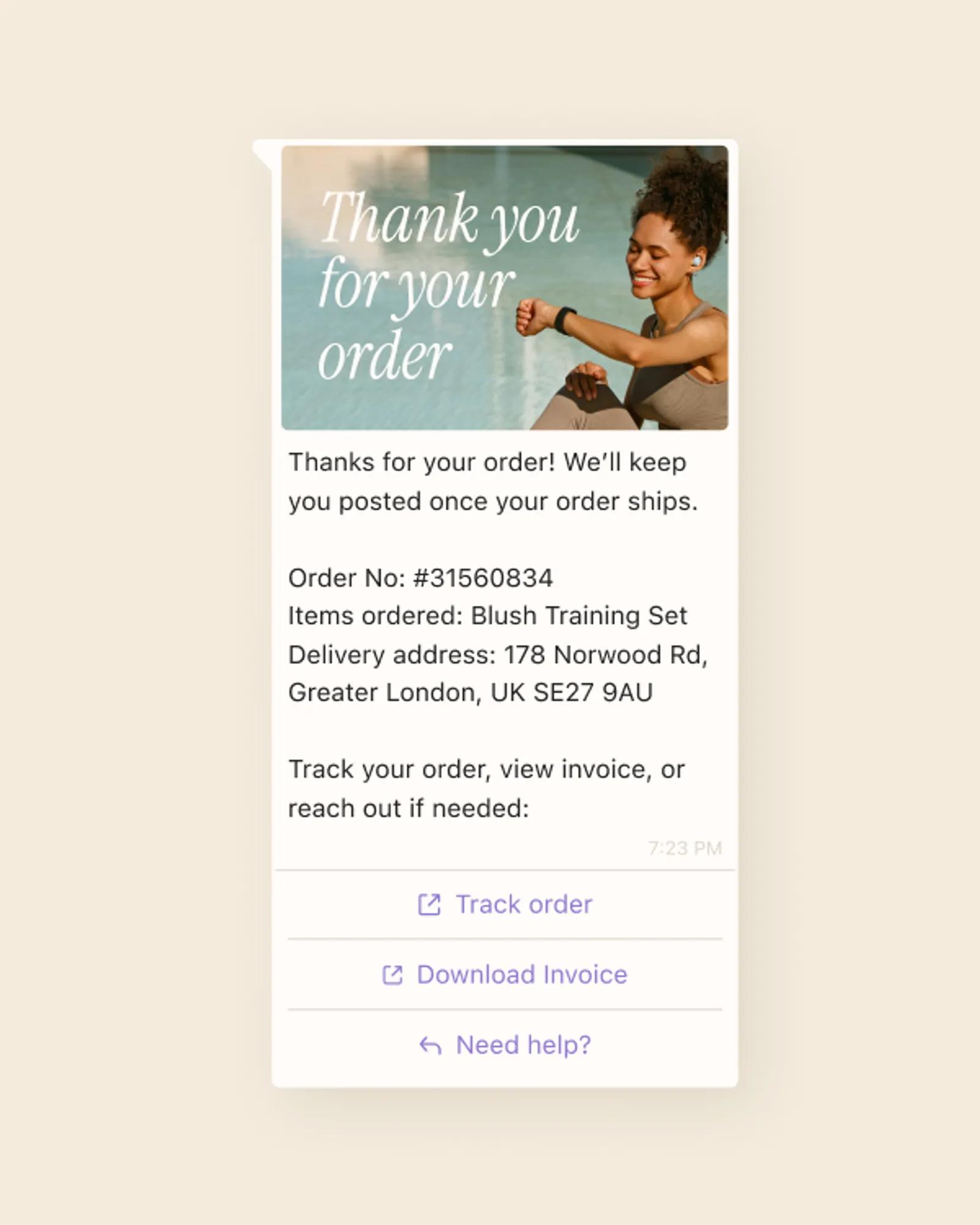 a WhatsApp transactional template showing an order confirmation message with quick reply and CTA buttons