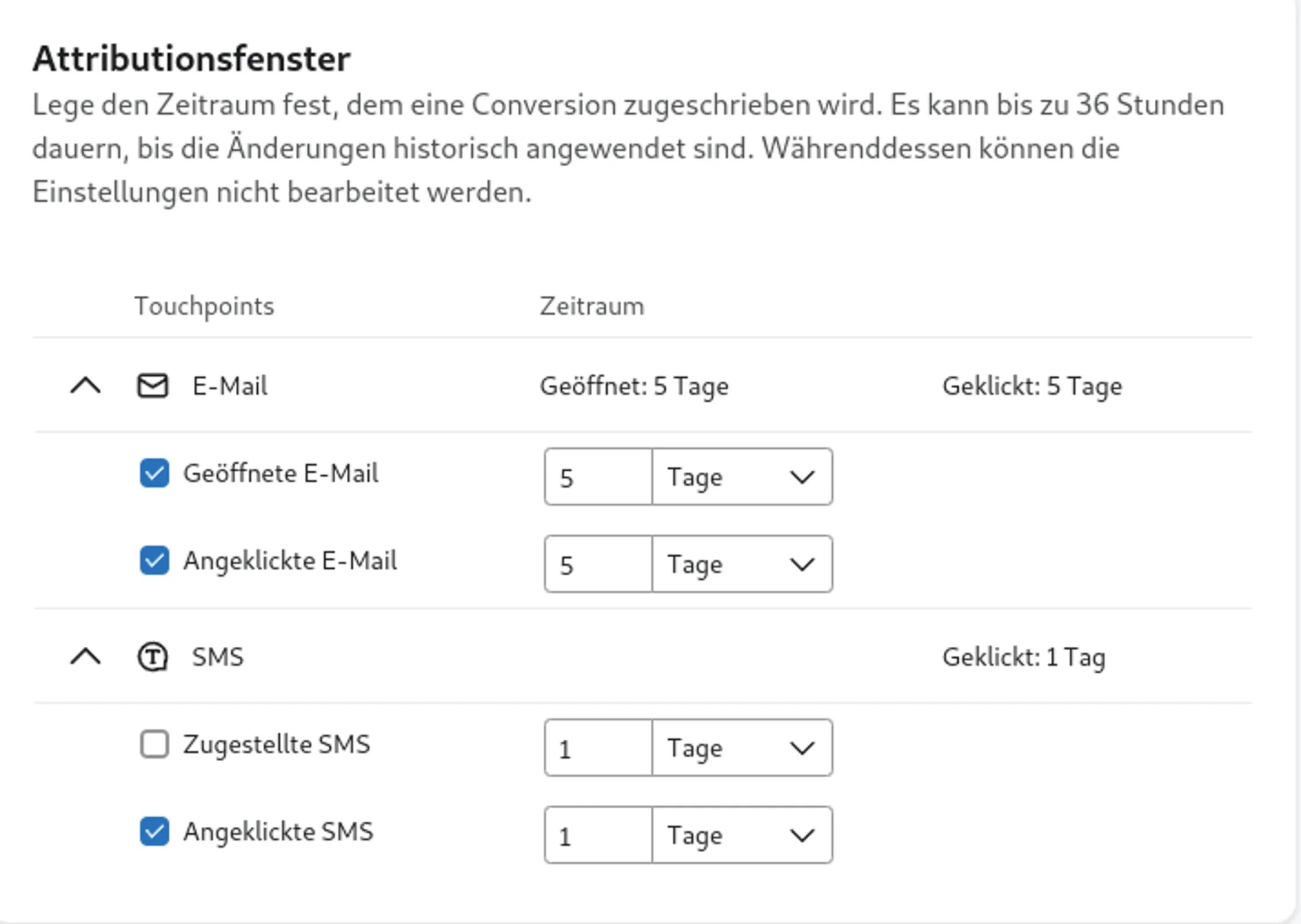 Einstellungen des Attributionsfensters in Klaviyo