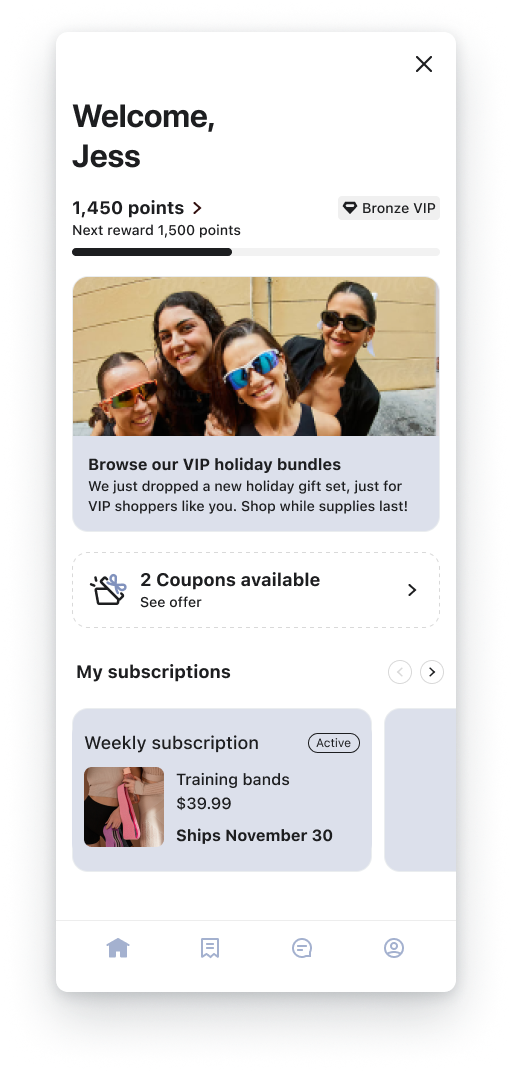 Mobile app screen for 'Jess' showing loyalty points (1,450, Bronze VIP), a holiday bundle promotion featuring four smiling women, 2 coupons, and an active subscription for 'Training bands'.