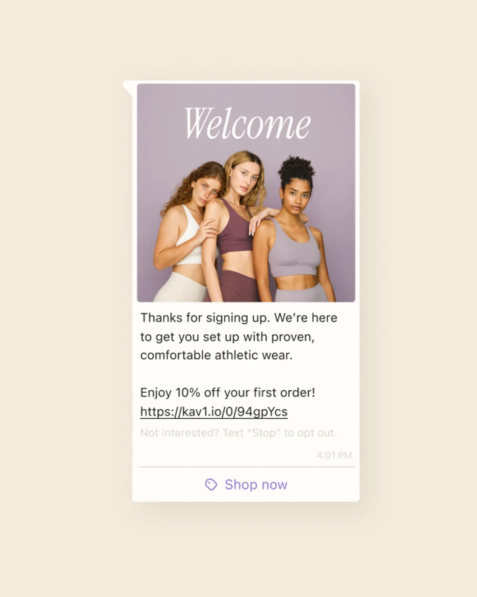 a WhatsApp marketing template showing a welcome message with a discount code