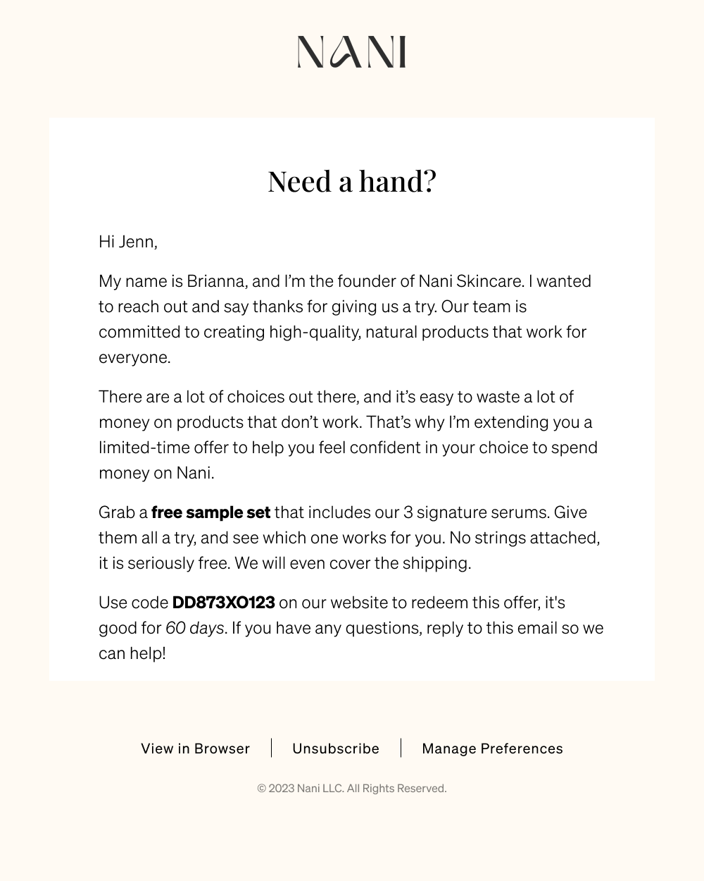 An email from Nani Skincare introducing the brand and offering a free sample set.