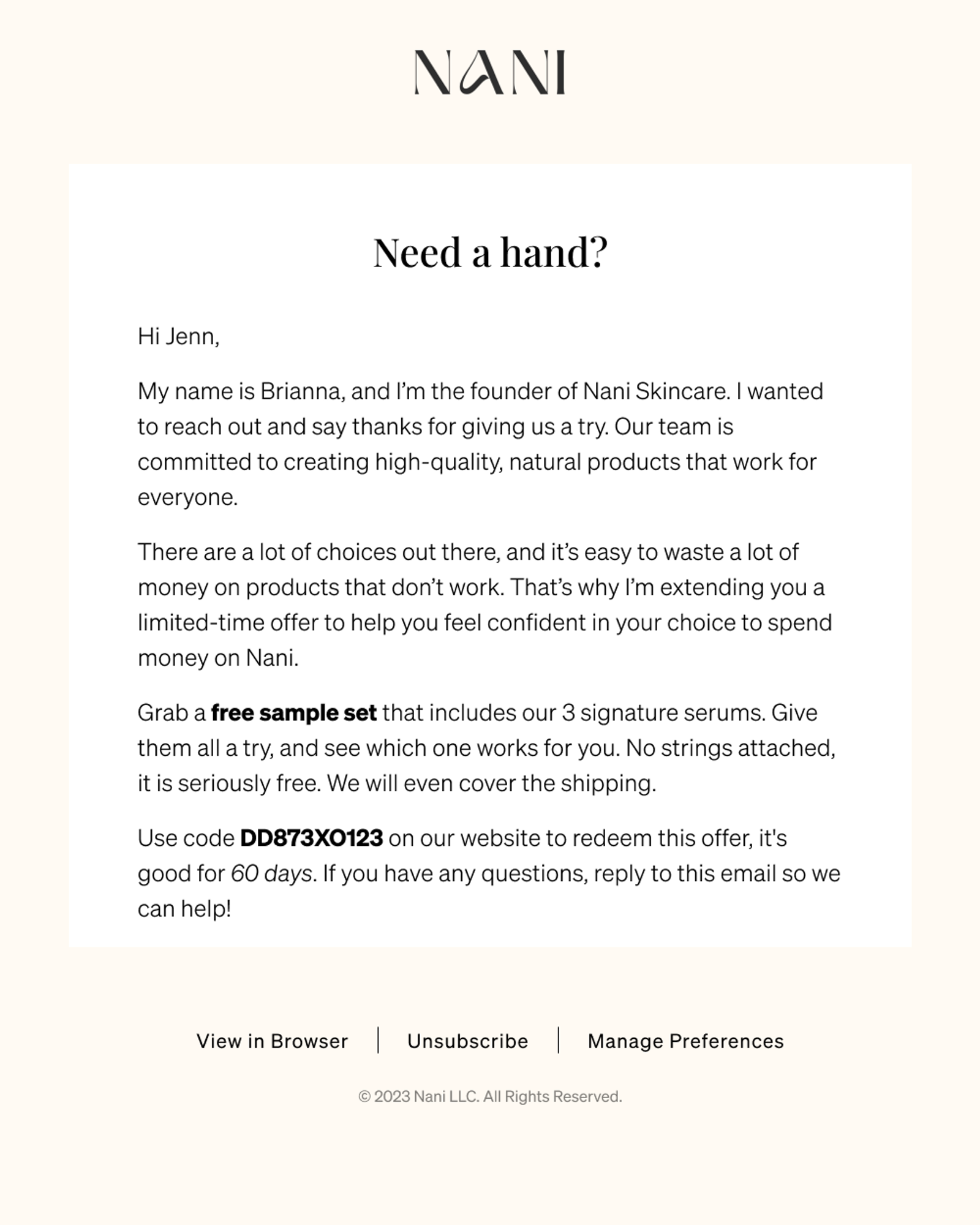 An email from Nani Skincare introducing the brand and offering a free sample set.