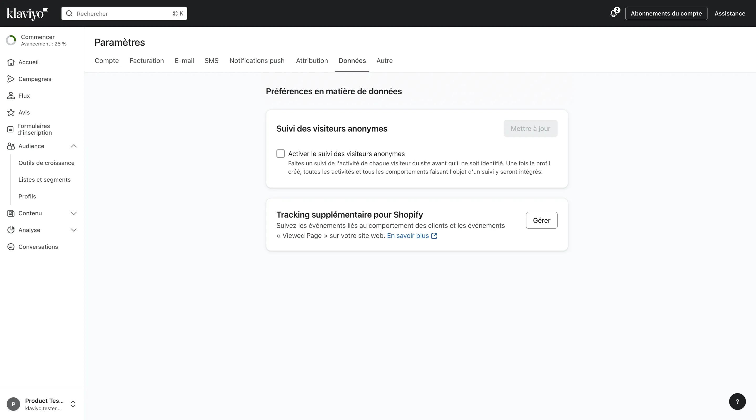 Page des données dans l'onglet paramètres du compte Klaviyo