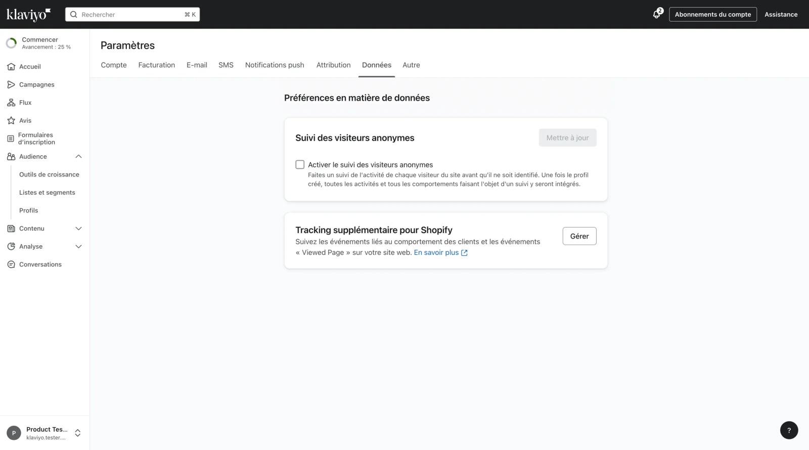 Page des données dans l'onglet paramètres du compte Klaviyo