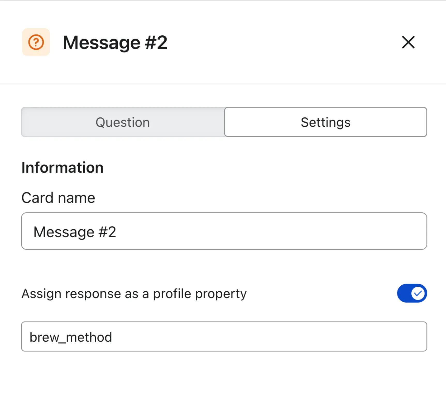A settings panel for “Message #2” shows options to name the card and assign the response as a profile property, with the property field set to “brew_method.”
