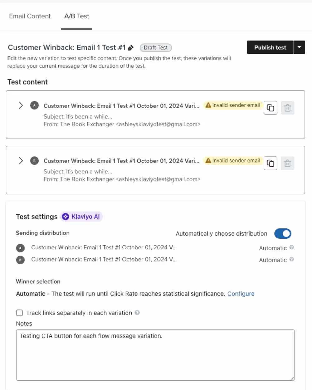 Example of what a live A/B test looks like in flows, in which there are 2 variations of the same email.