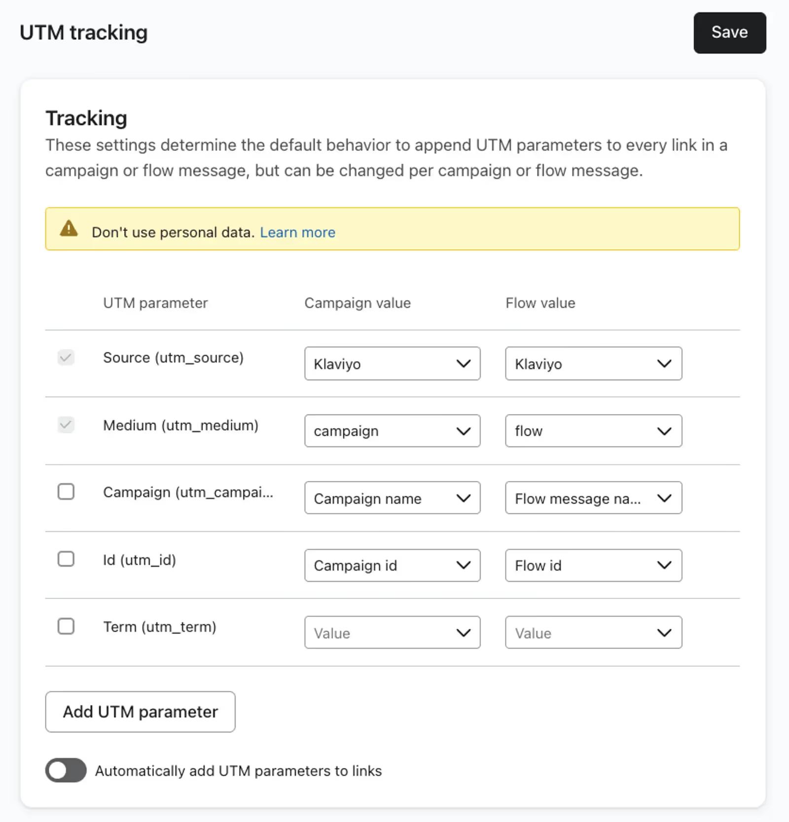 UTM tracking settings in Klaviyo