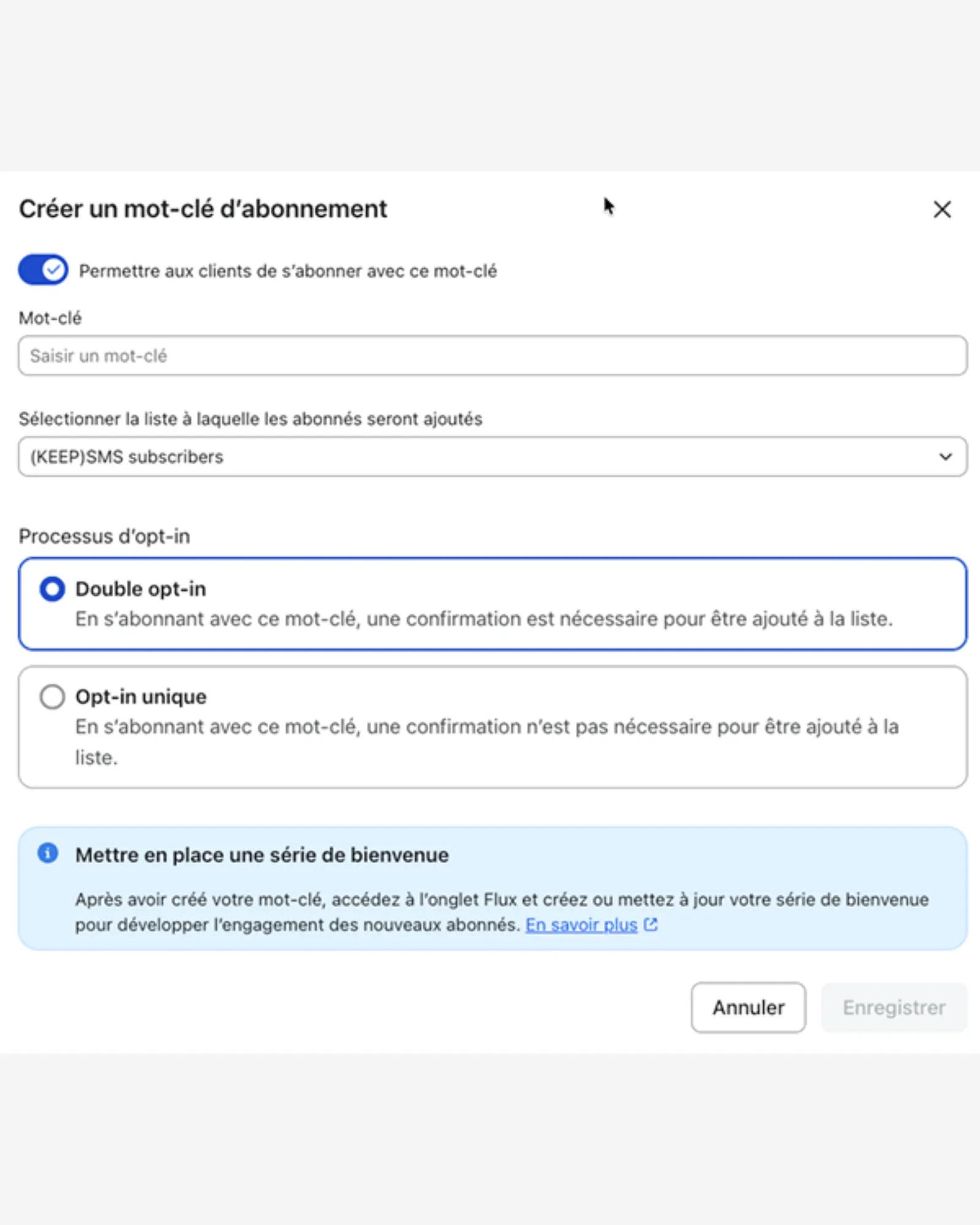 Exemple de mot-clé d’abonnement personnalisé pour Beantown : « CAFÉ »