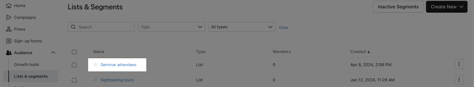 Seminar attendees list in Klaviyo