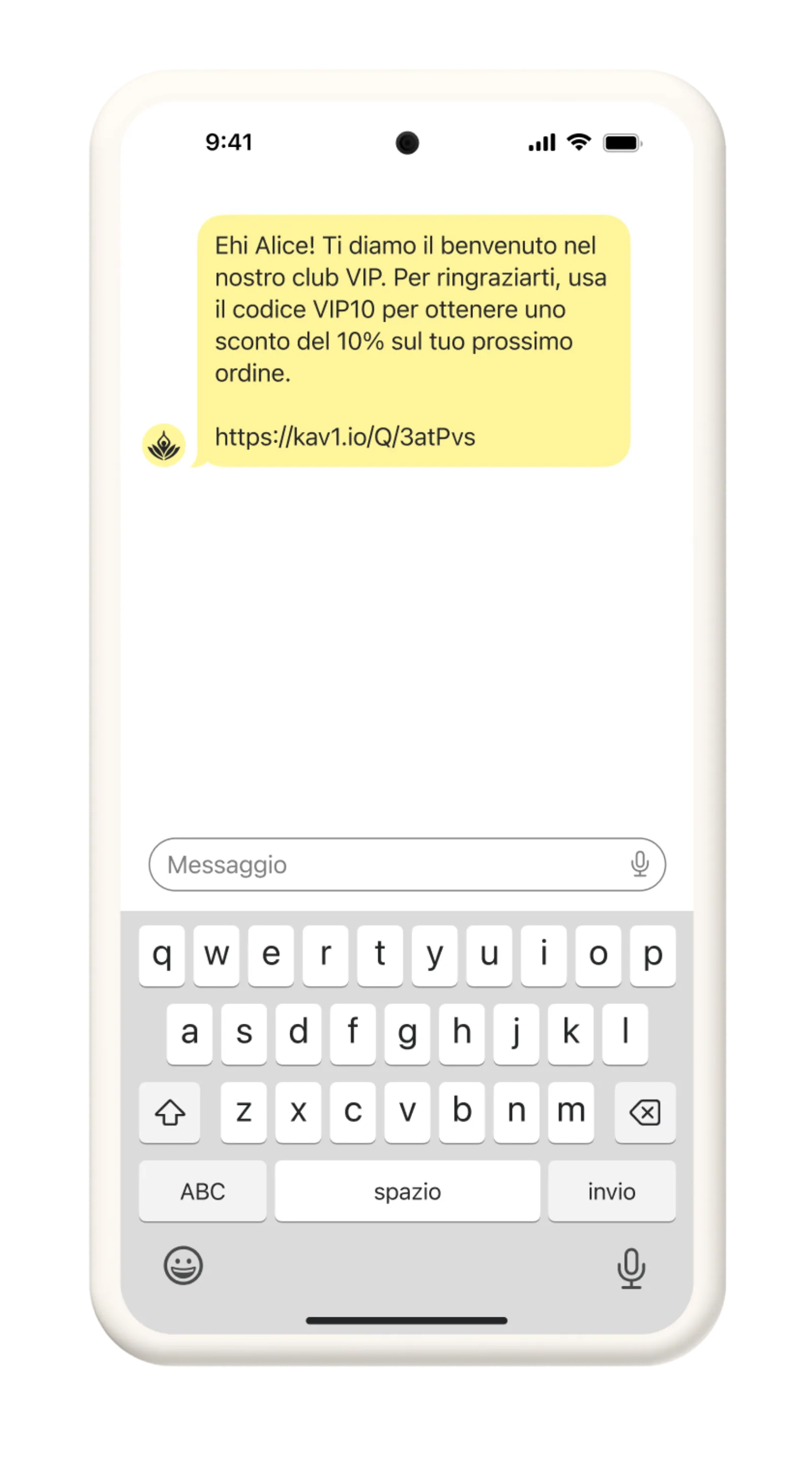 A VIP text message from Good Company, welcoming new VIPs into their community and offering an exclusive coupon code for their next order.