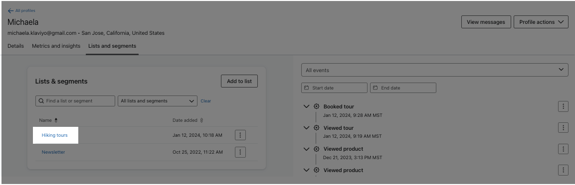 Profile in Hiking tours list in Klaviyo