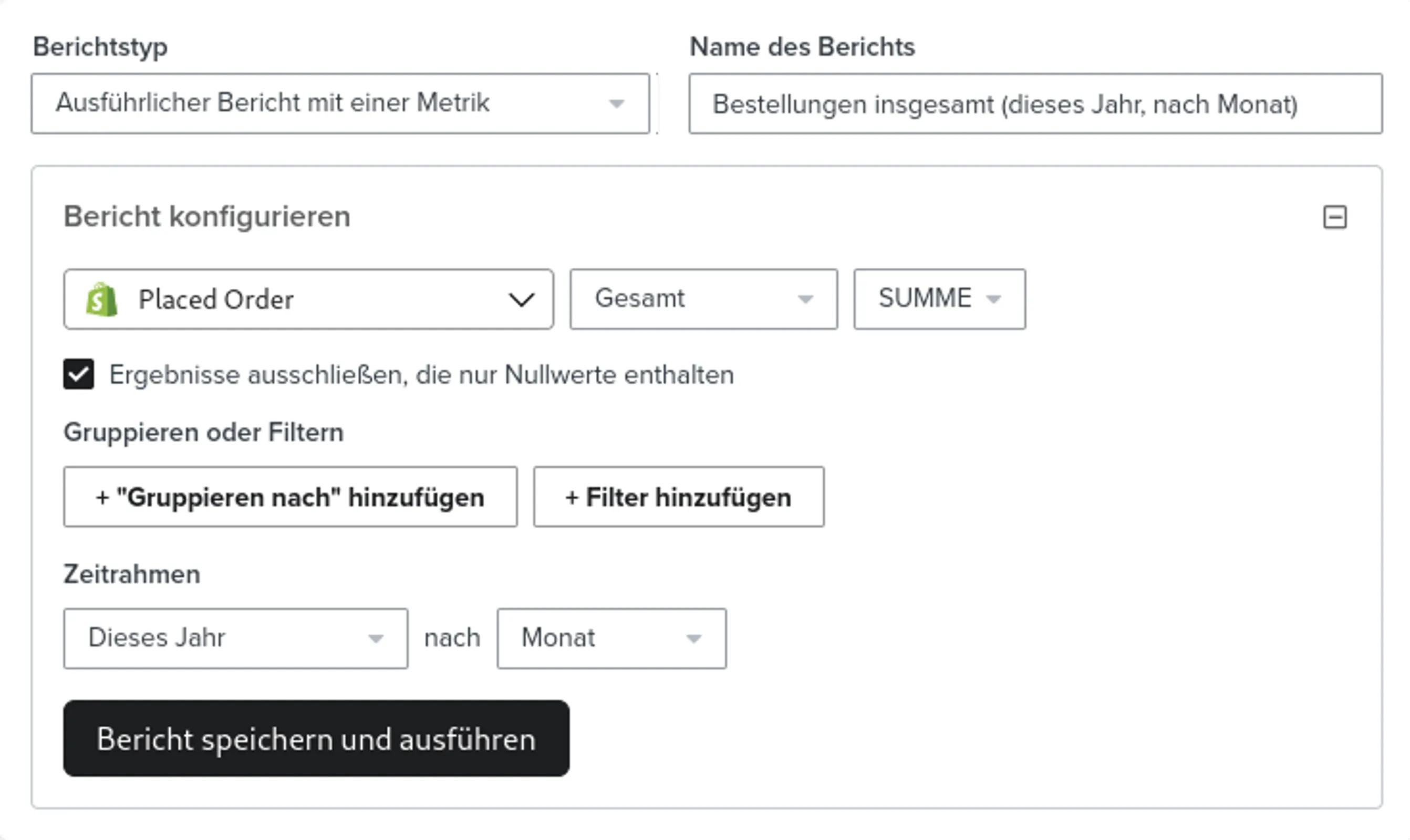 Ein metrischer Deep Dive, der die Daten zu platzierten Aufträgen für das Jahr nach Monaten sortiert.