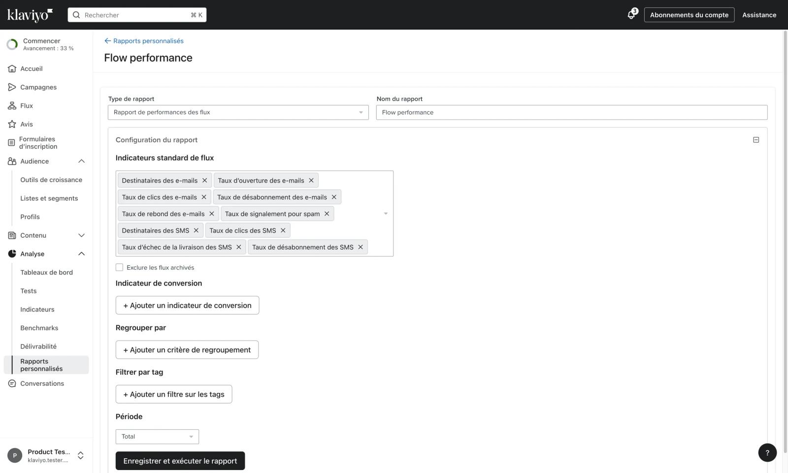Assistant de création de rapport personnalisé montrant les options de configuration pour un rapport de performance de flux.
