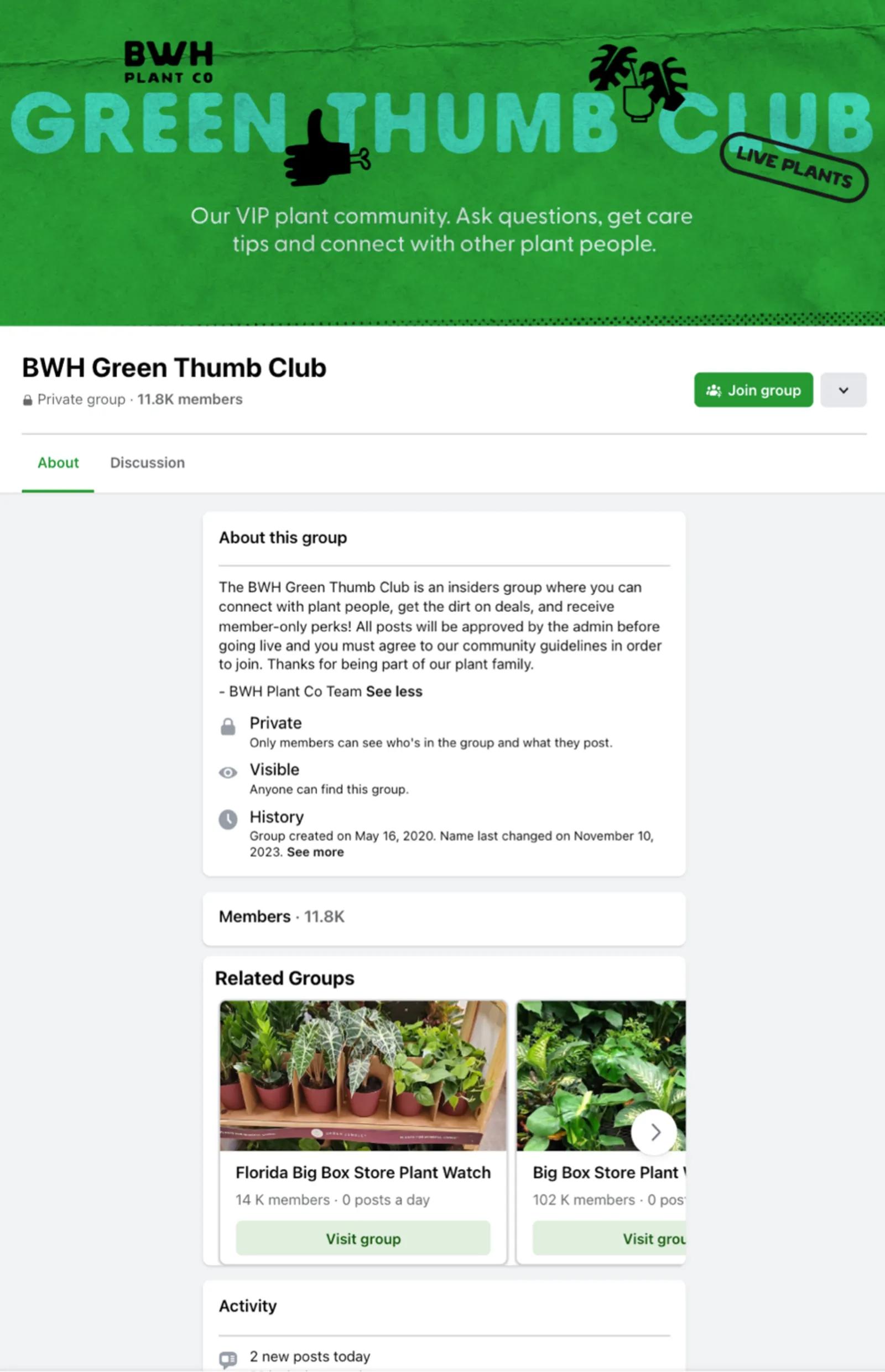 BWH Facebook group for loyal members.