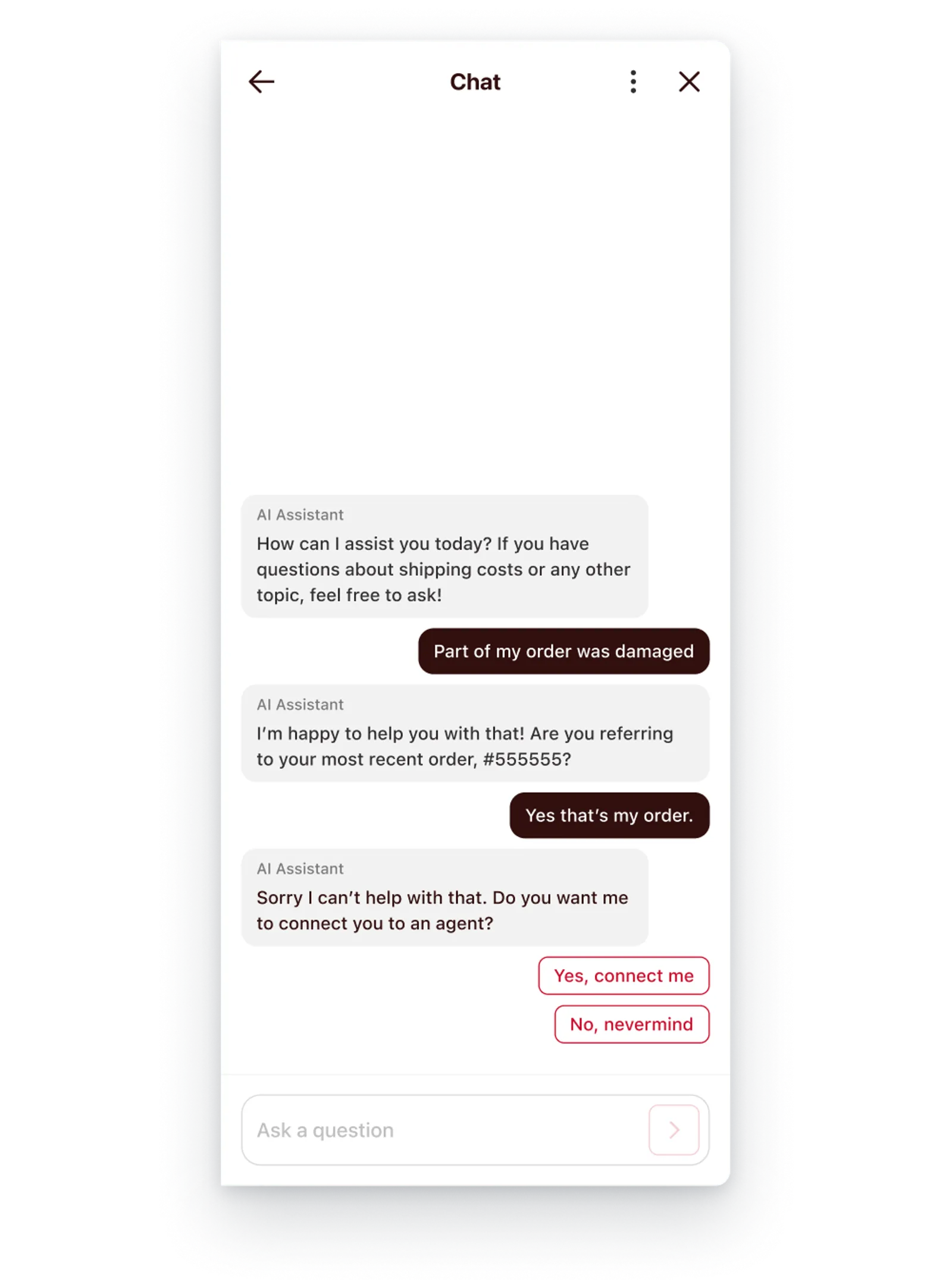 The chat window indicating a handoff between AI agent and a support agent