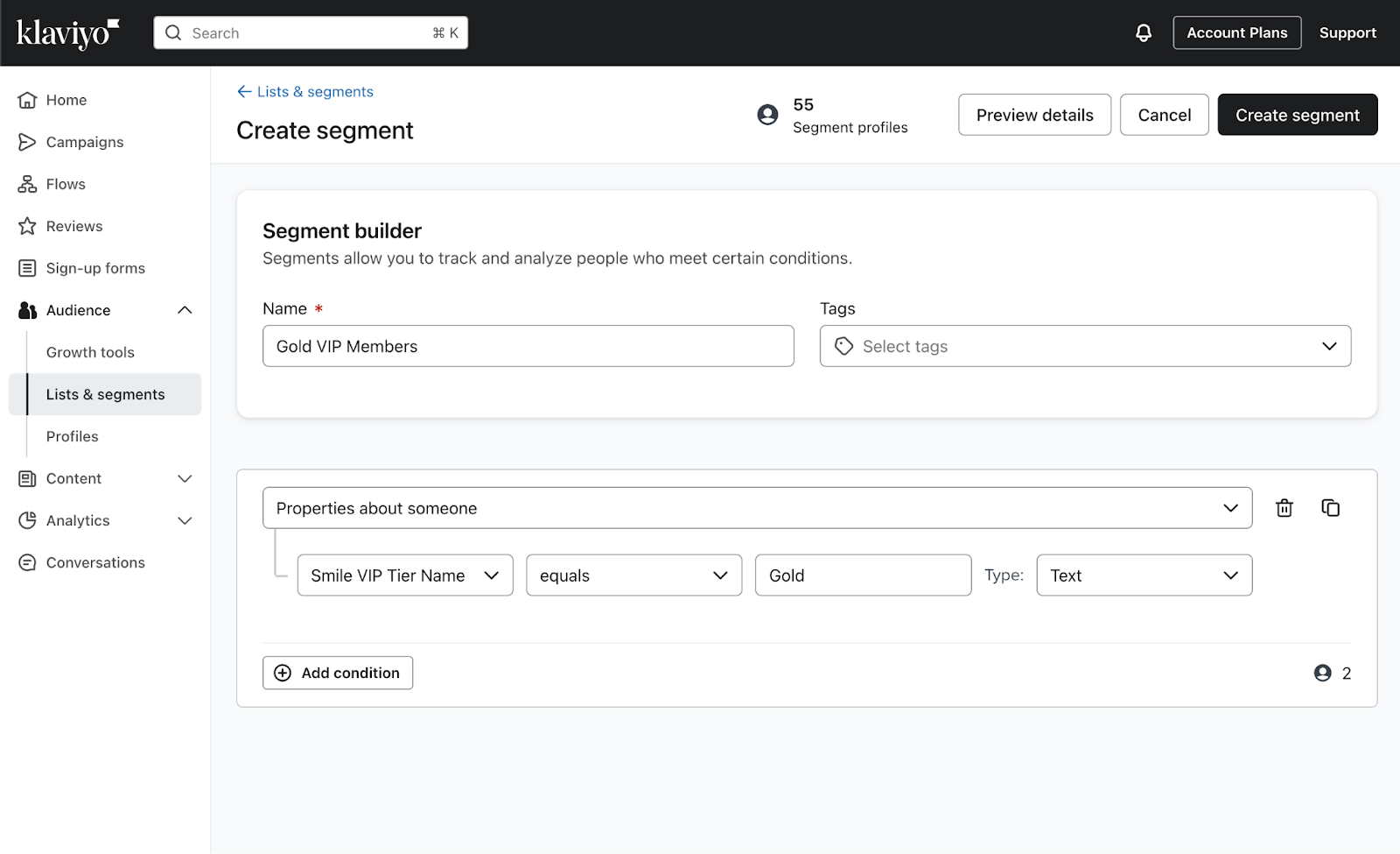 A screenshot of the Klaviyo app showing the Segment builder page. The user has built a custom Gold VIP Members segment based on customer properties. 