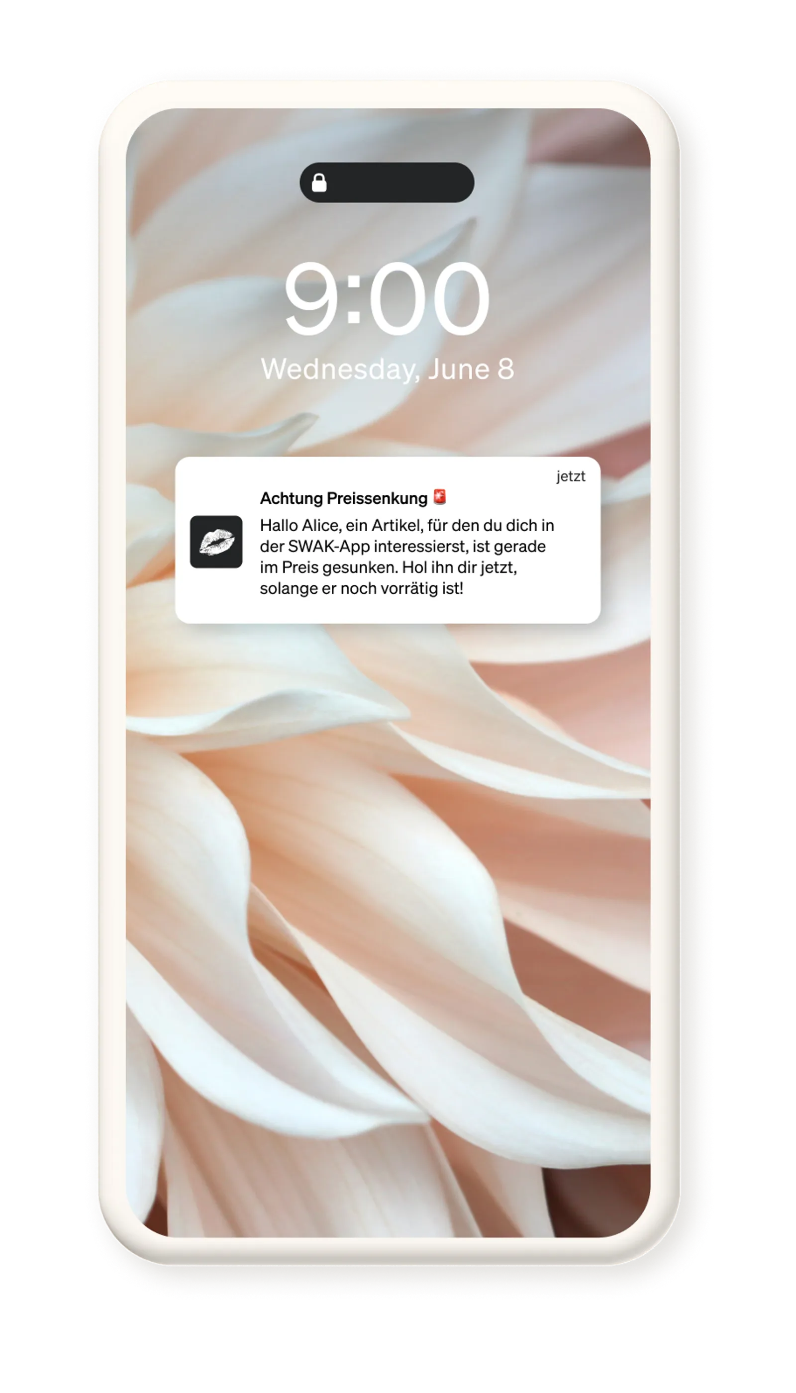 Eine Push-Benachrichtigung von SWAK Cosmetics, die die Empfänger darauf hinweist, dass ein Artikel, für den sie sich interessieren, jetzt zu einem niedrigeren Preis in ihrer mobilen App angeboten wird.
