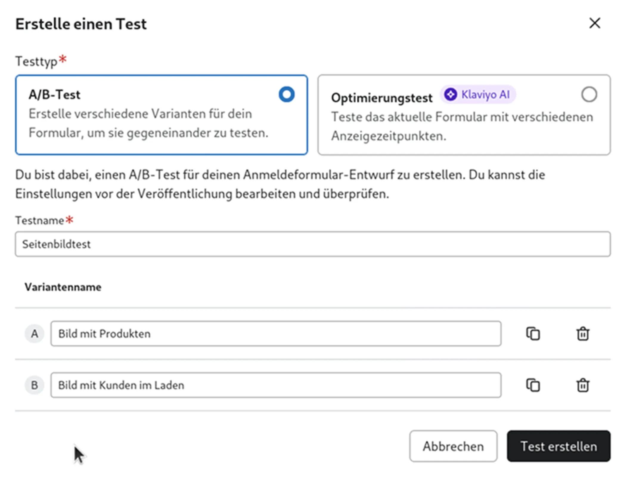 Screenshot der Funktion A/B-Test erstellen auf der Registerkarte Anmeldeformulare.