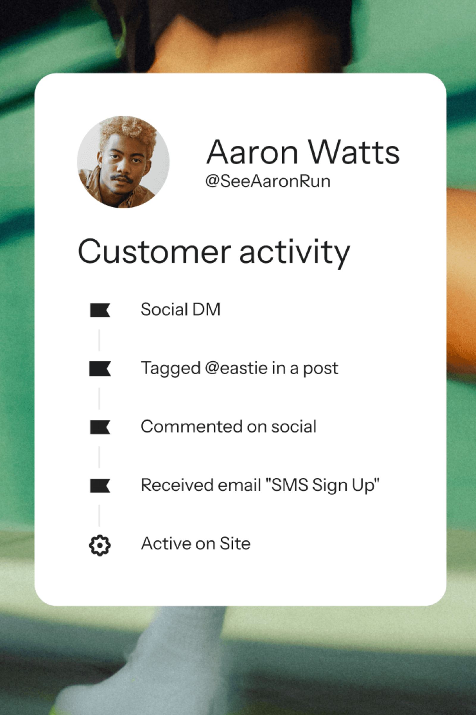 A customer profile card for Aaron Watts (@SeeAaronRun) listing recent activities like social DMs, tags, comments, an email, and site activity.