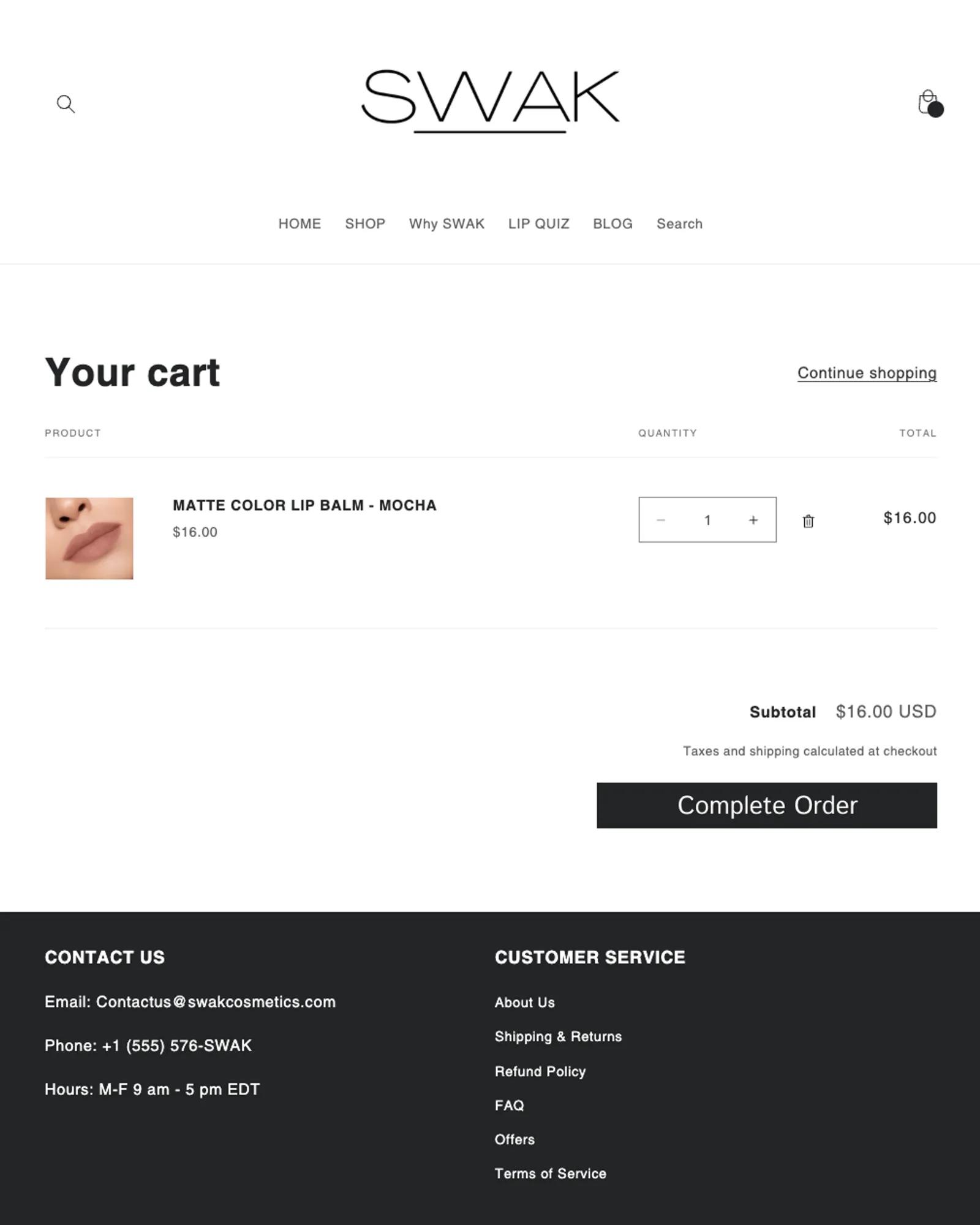SWAK Cosmetics checkout page.