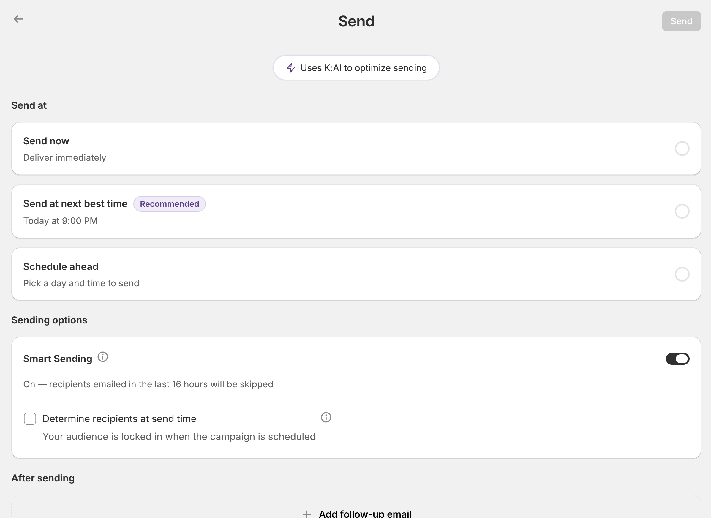 A UI screen for sending, showing options to send now, at next best time (recommended 9 PM), or schedule ahead, with Smart Sending enabled.