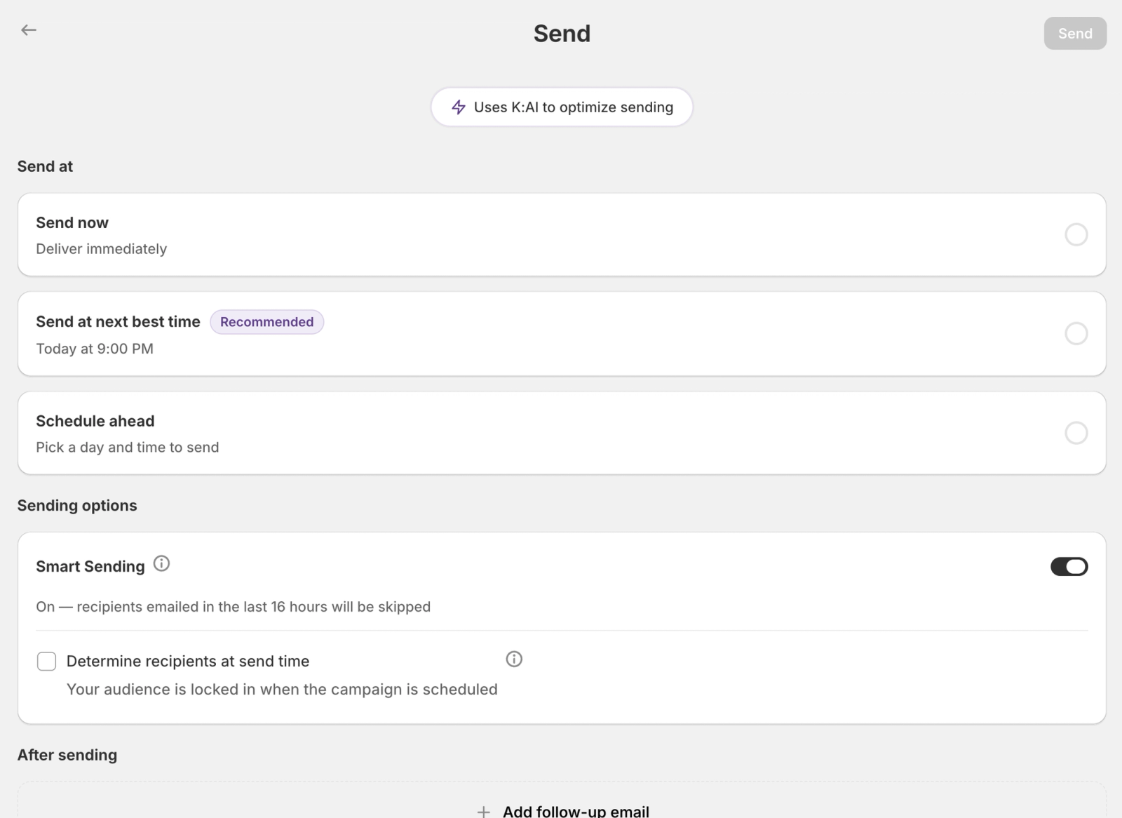 A UI screen for sending, showing options to send now, at next best time (recommended 9 PM), or schedule ahead, with Smart Sending enabled.