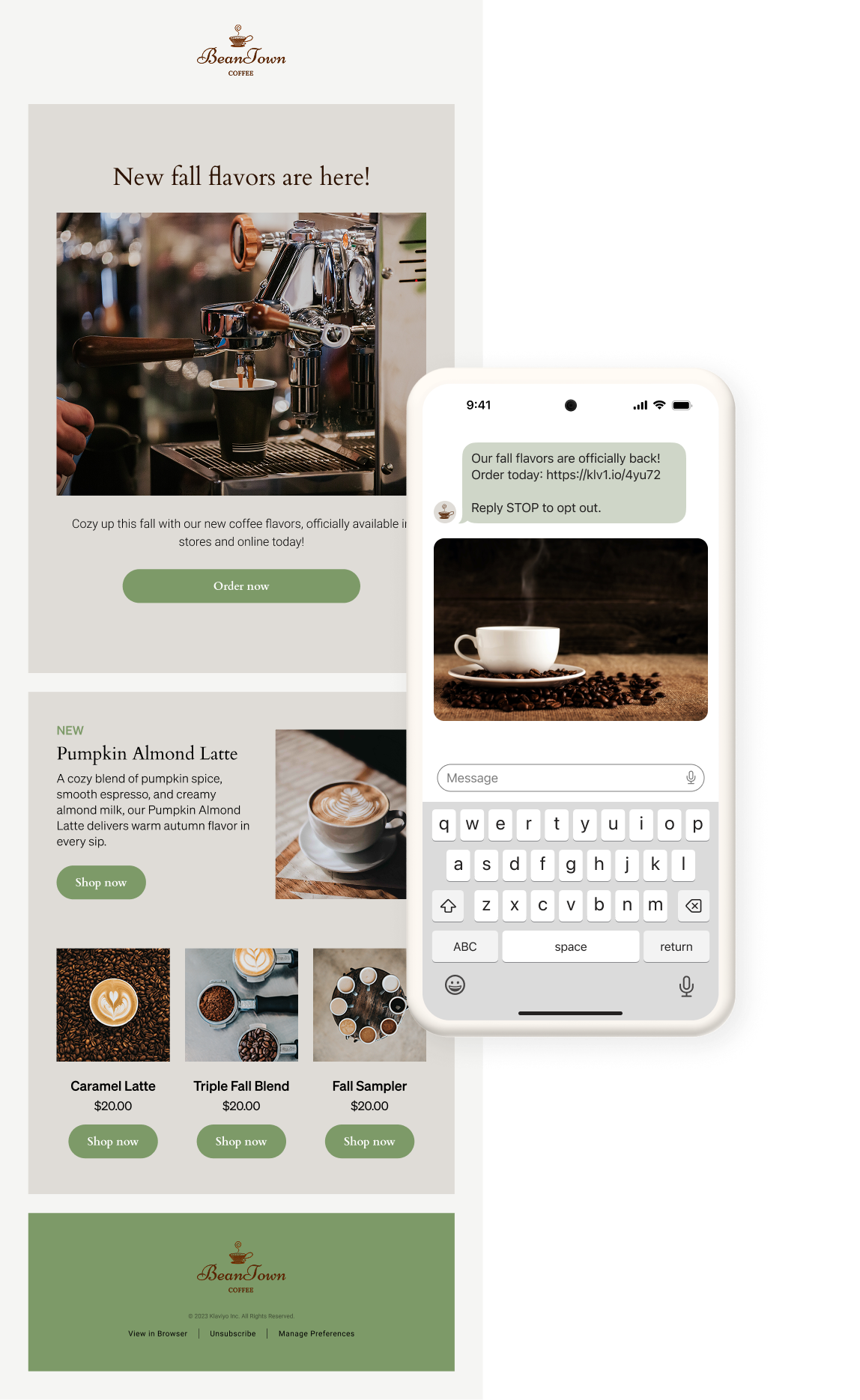 An email and text message from Beantown Coffee showcasing fall flavors