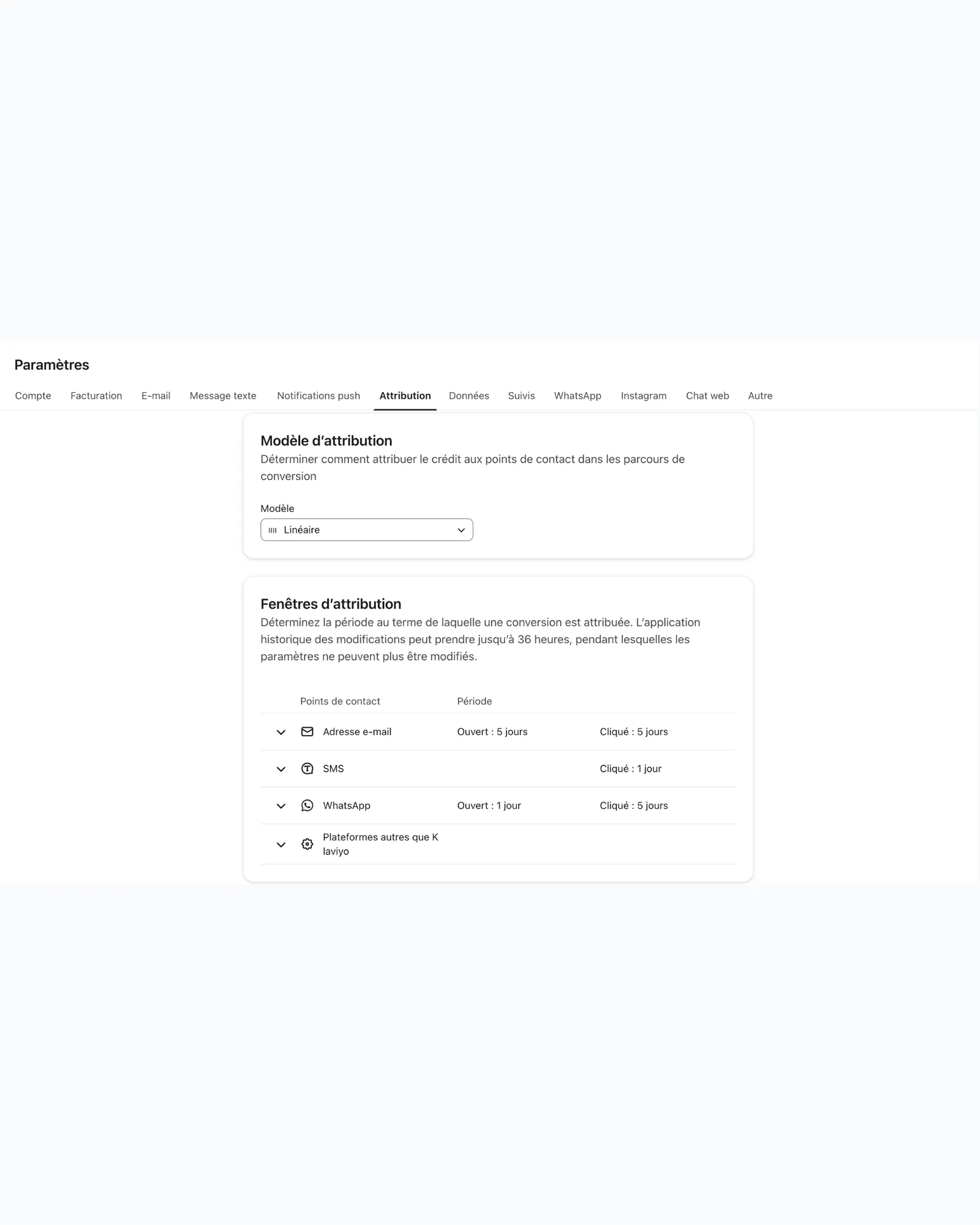 Paramètre d’attribution dans Klaviyo
