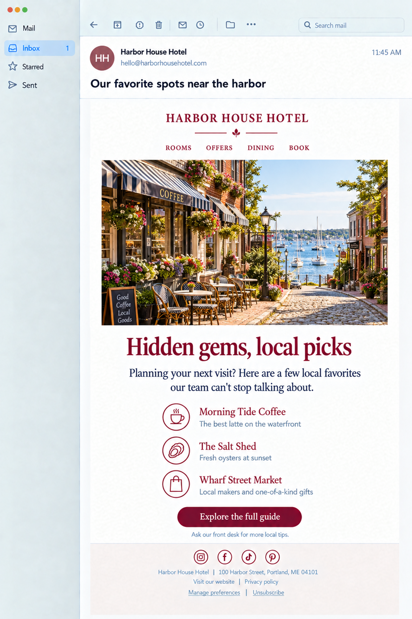 An email from Harbor House Hotel displaying a scenic cobblestone street with a coffee shop leading to a harbor, followed by local recommendations.