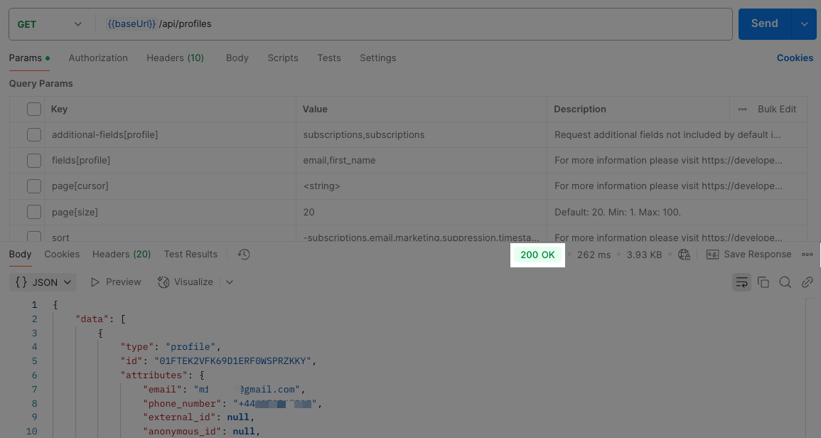 Get Profiles request returning a 200 status code in Postman