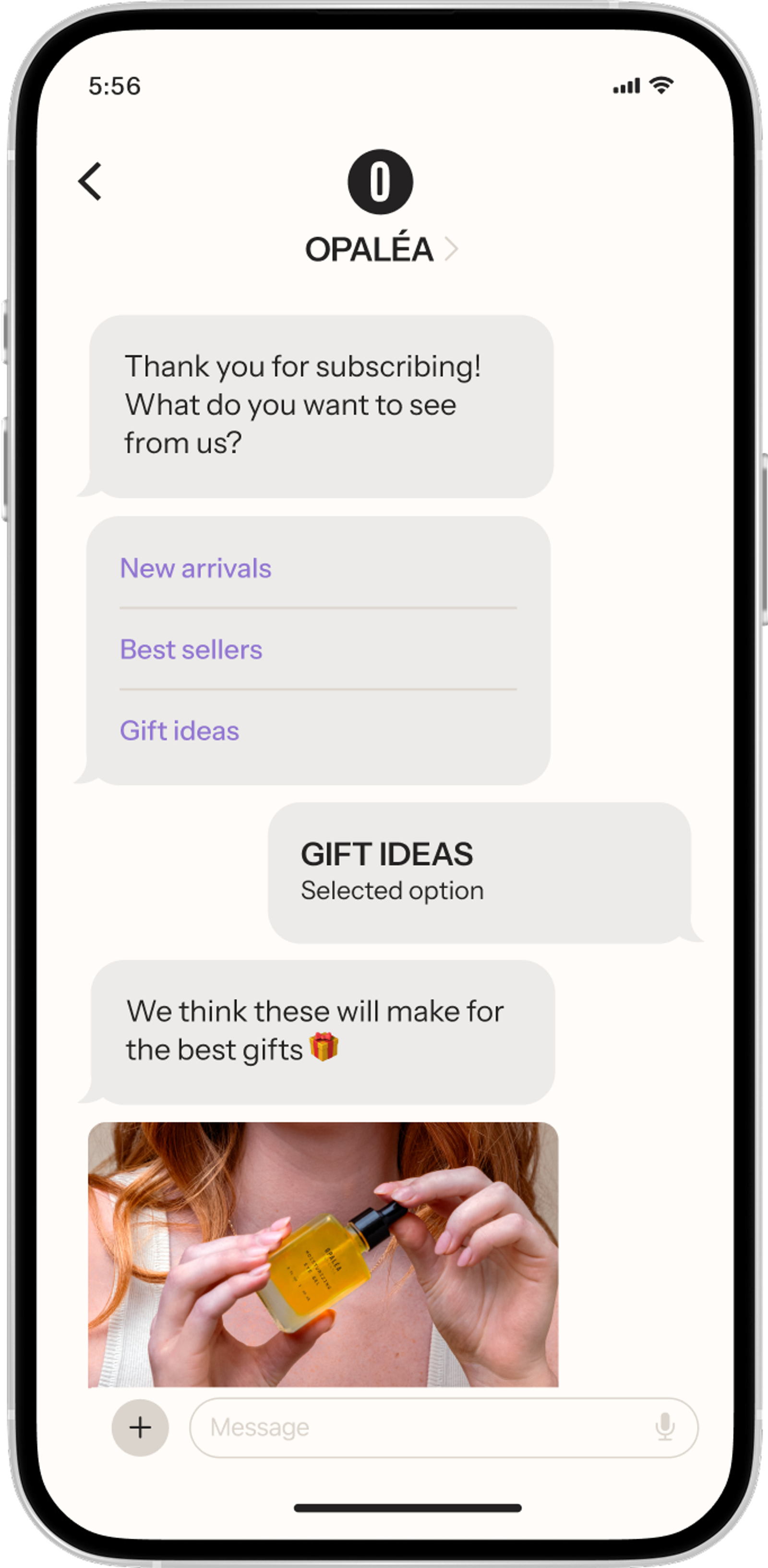 Smartphone showing a chat with OPALEA. The user selected "Gift ideas" and received a photo of a person holding a yellow product bottle.