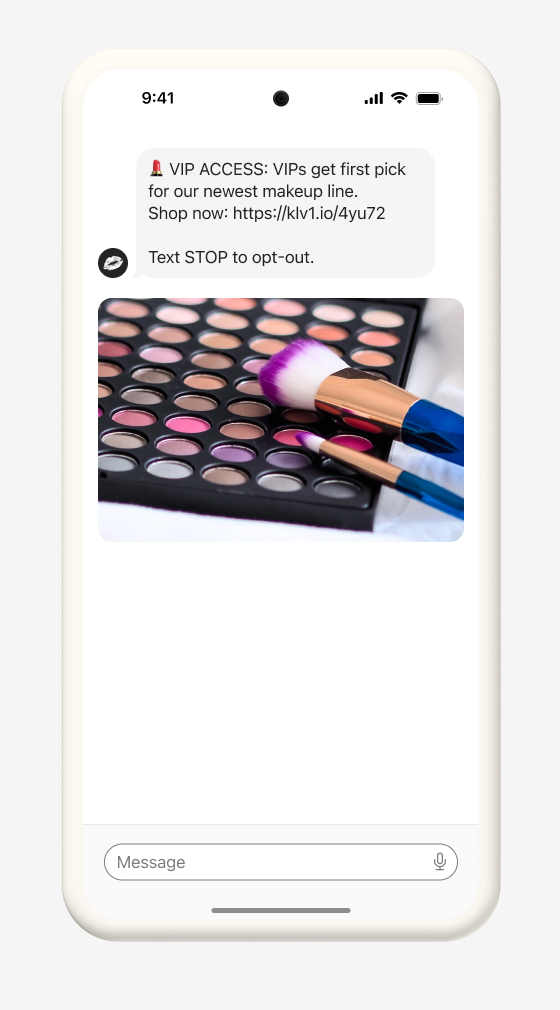 Phone screen displaying a text message about a new makeup line, with an image of an eyeshadow palette and brushes.
