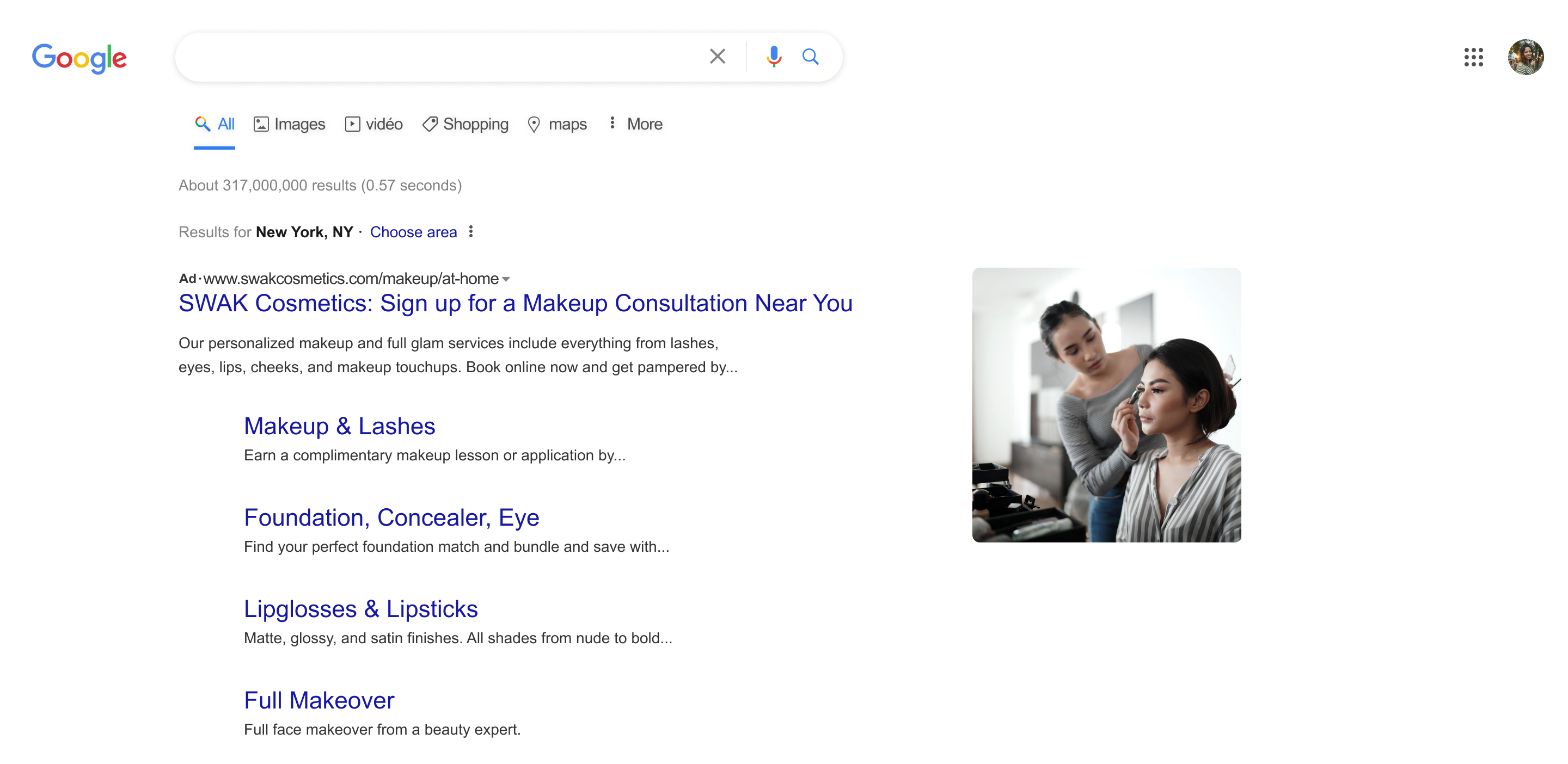 This ad includes an image as well as additional site links that take someone to specific catalog or service offerings.