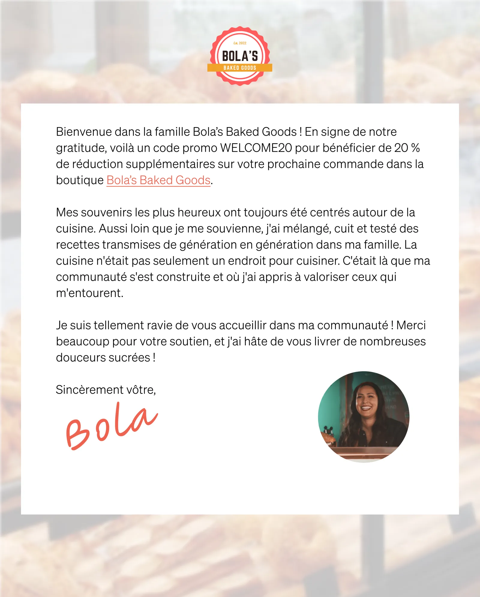 Email de la série de bienvenue de Bola's Baked Goods, présentant le code de coupon WELCOME20 pour 20 % de réduction.