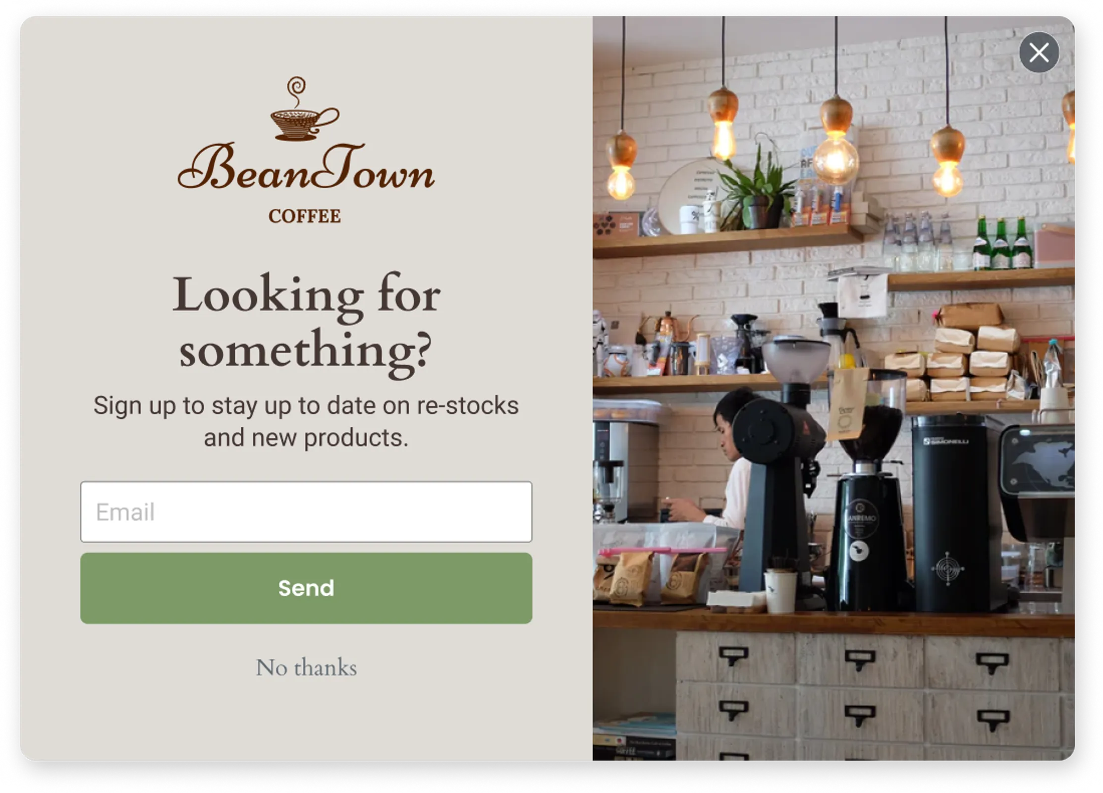 Beantown out of stock form, encouraging someone to sign up for back in stock alerts.
