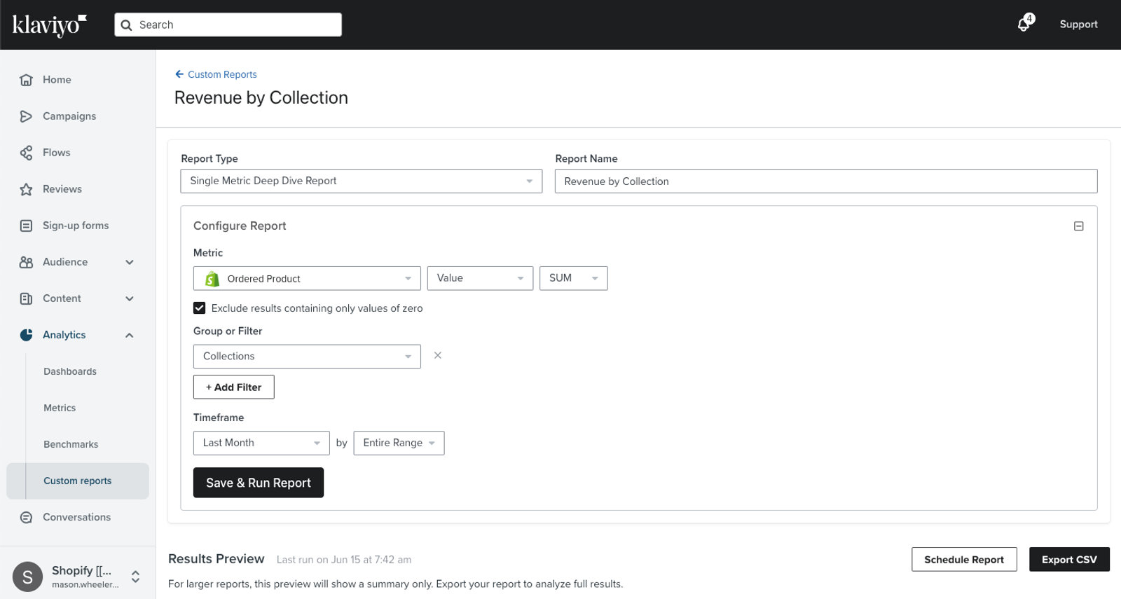Custom reports section with an example of a custom report for a single metric deep dive report.