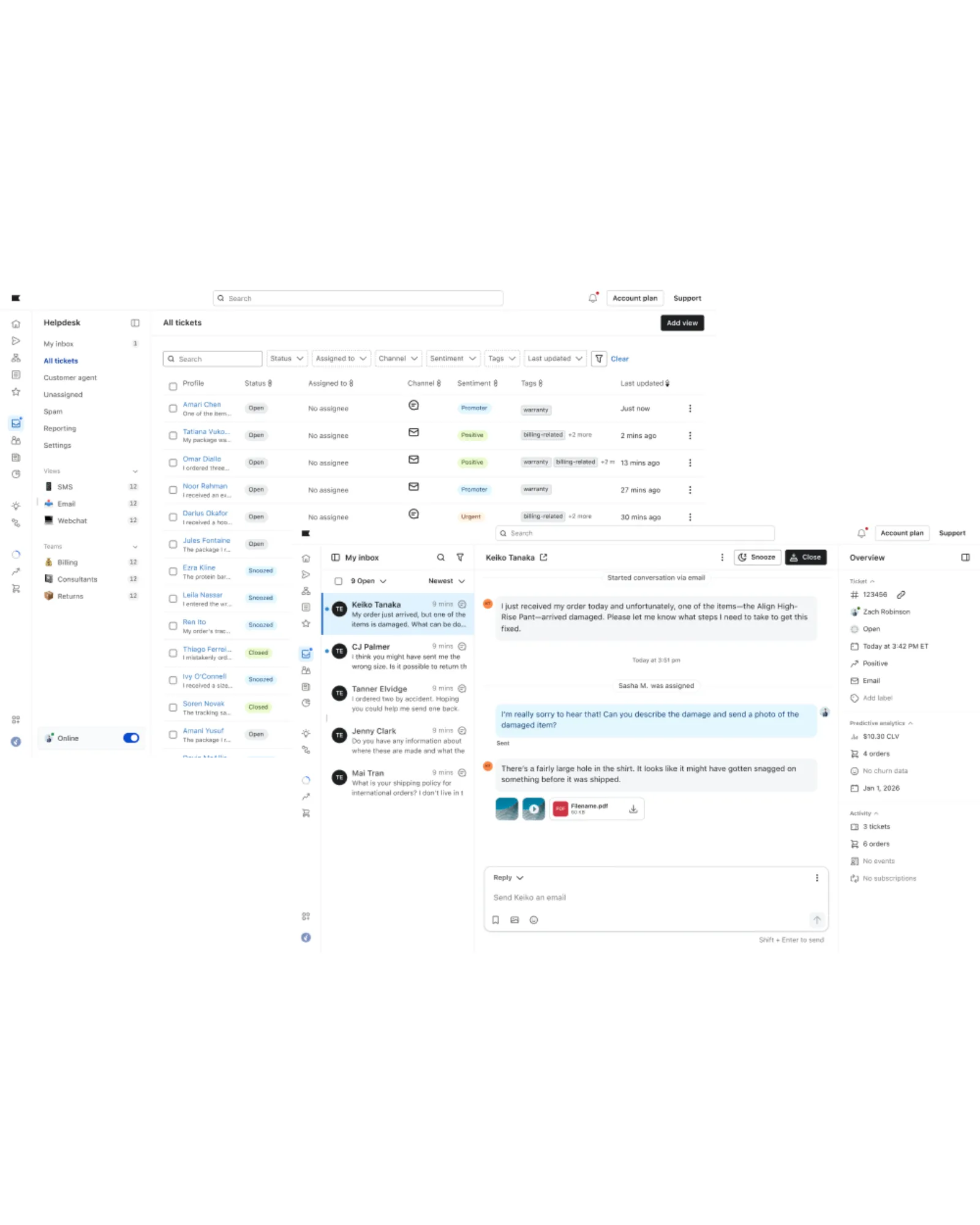 Klaviyo Helpdesk reporting, indicating the number of tickets, status, and more