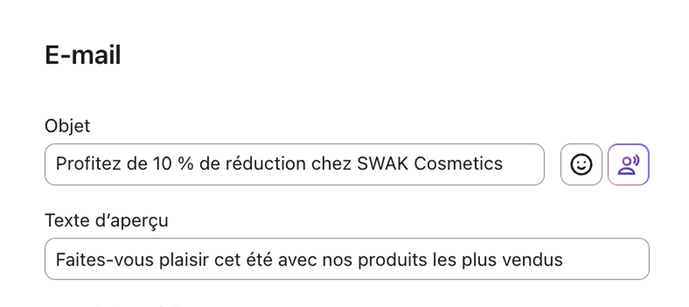 Exemple de la marque de cosmétiques SWAK, qui utilise un emoji représentant un rouge à lèvres dans l'objet de son e-mail.