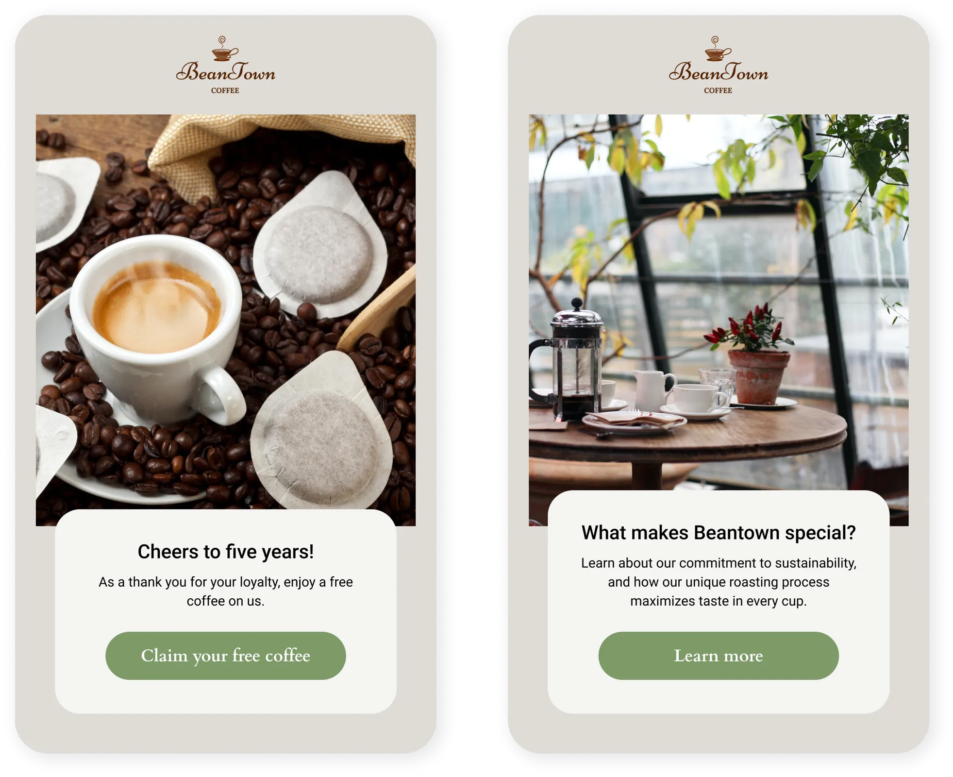 Example emails from Beantown Coffee with subject lines: Cheers to five years! And What make Beantown special?